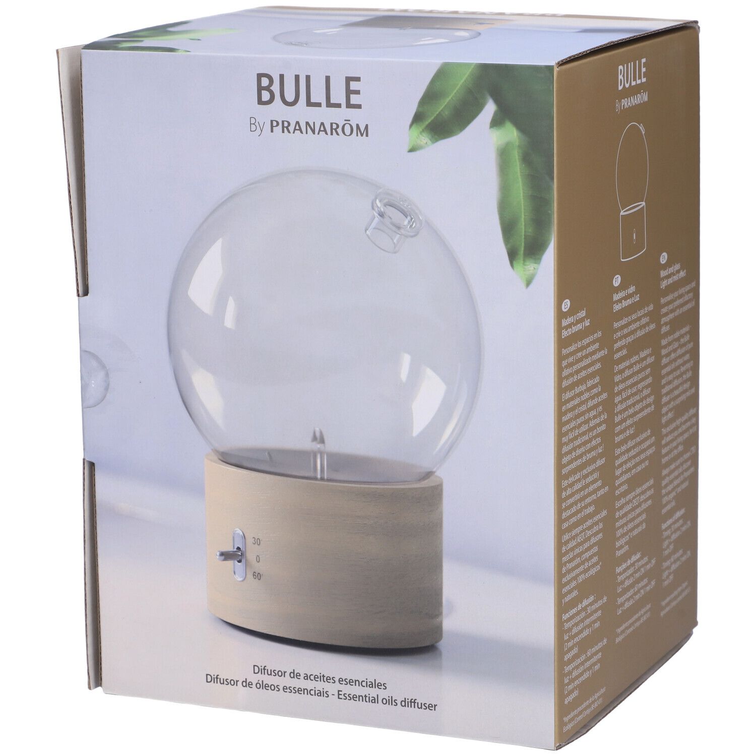 Confezione del prodotto. Scritta 'BULLE by PRANAROM'. Diffusore con cupola in vetro e base in legno illustrato. Testo multilingue.