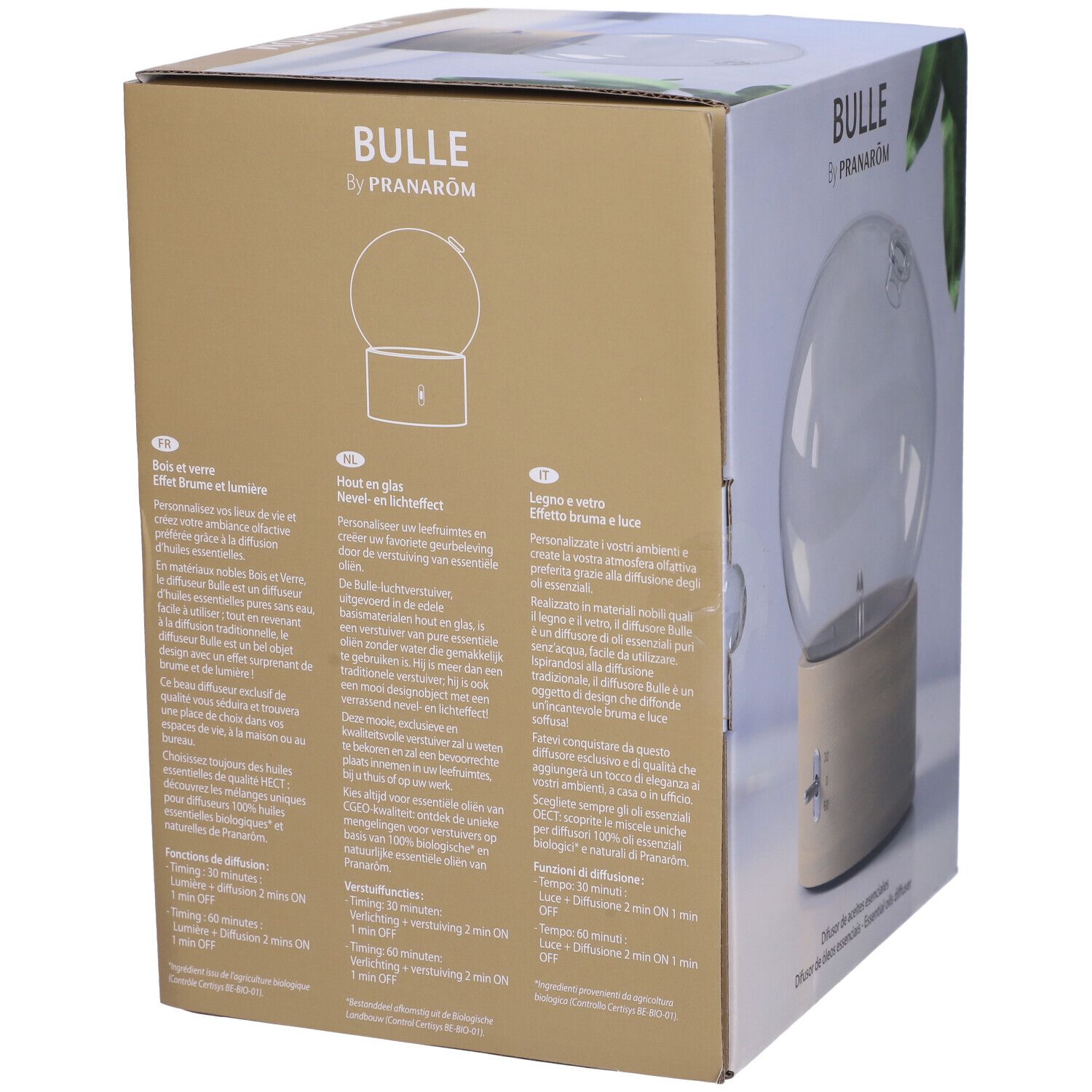 Confezione del prodotto. Scritta 'BULLE by PRANAROM'. Retro con testo multilingue. Illustrazione del diffusore.