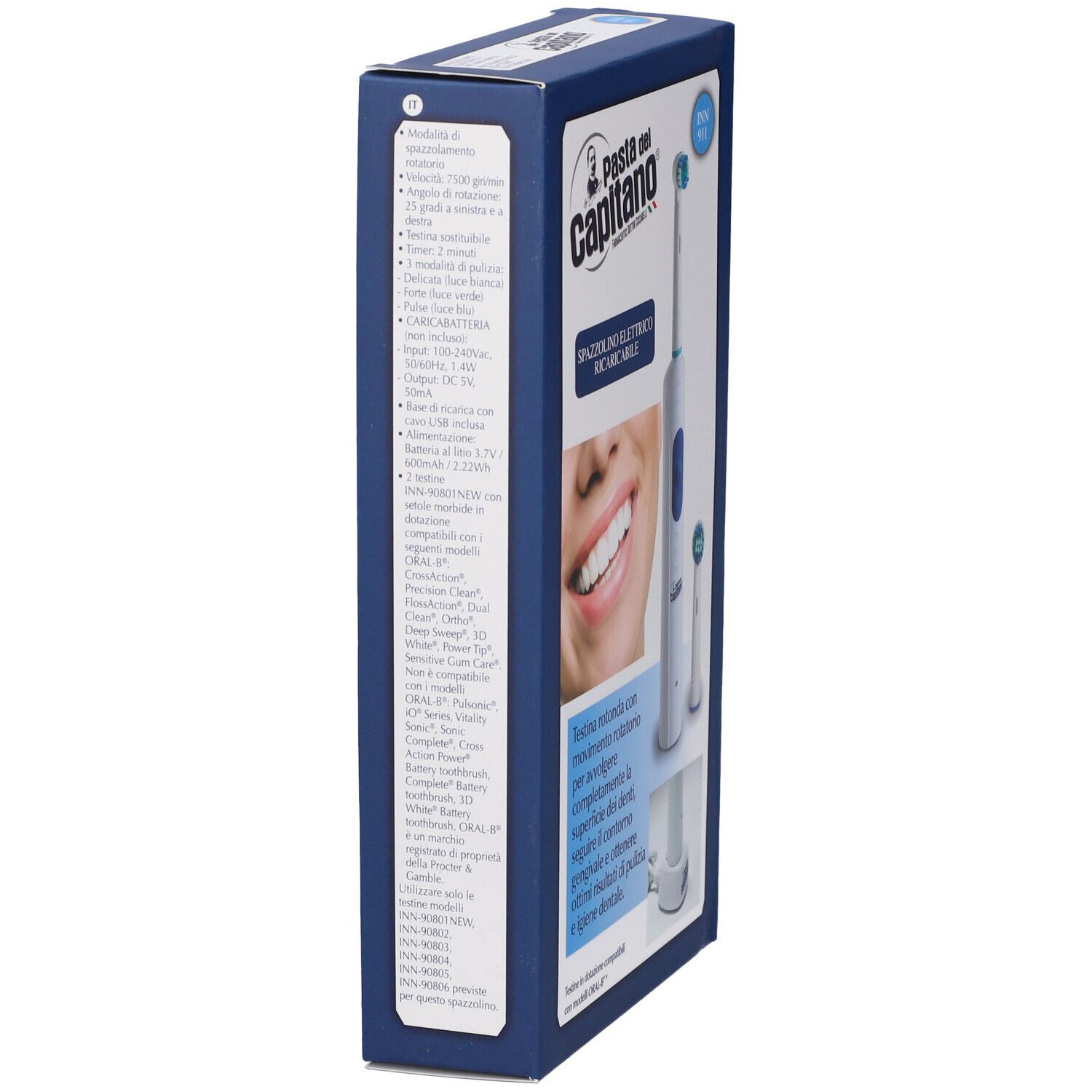 Confezione dello spazzolino elettrico. Informazioni e specifiche del prodotto sul lato. Marchio: Pasta del Capitano.