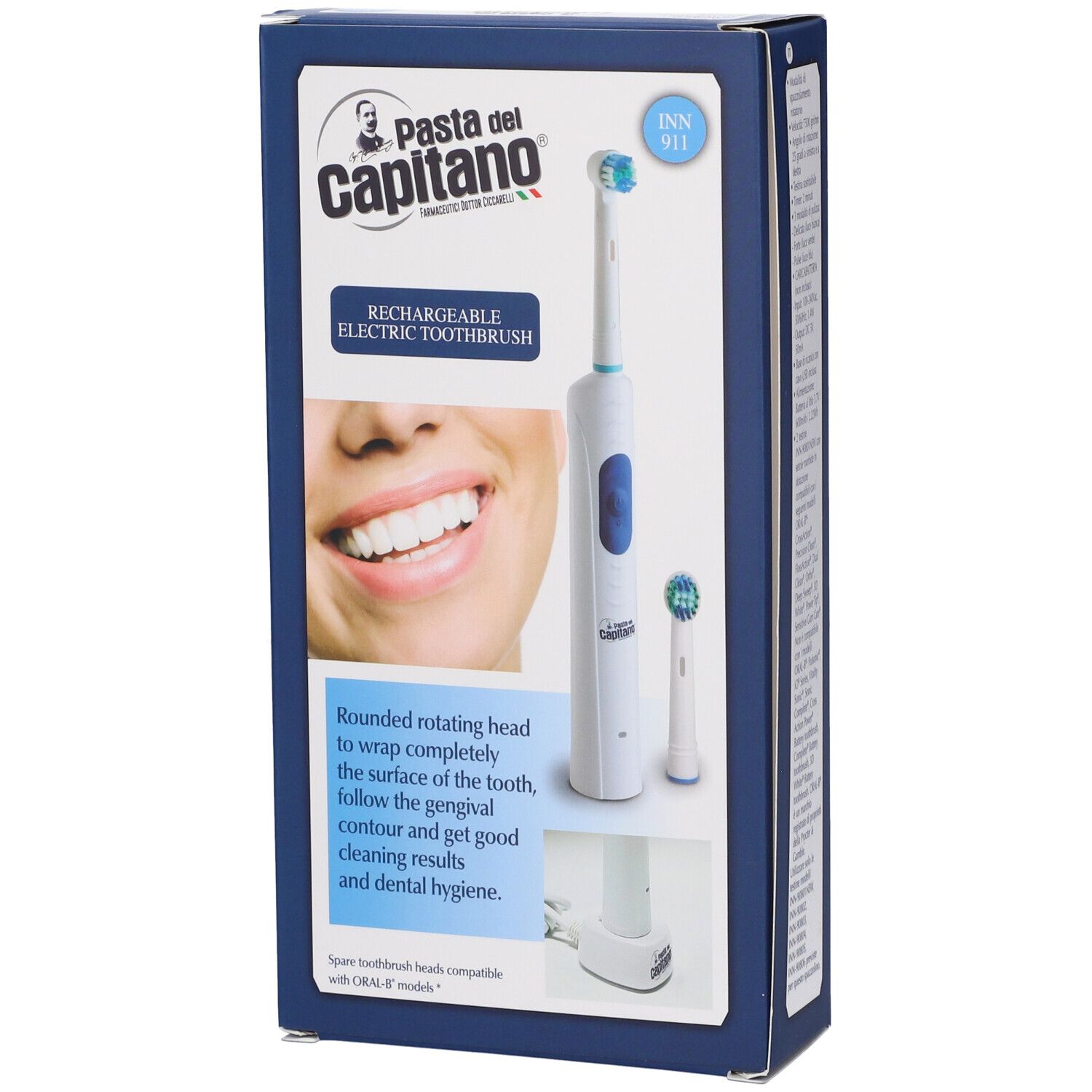 Confezione dello spazzolino elettrico. Immagine e descrizione del prodotto. Marchio: Pasta del Capitano.