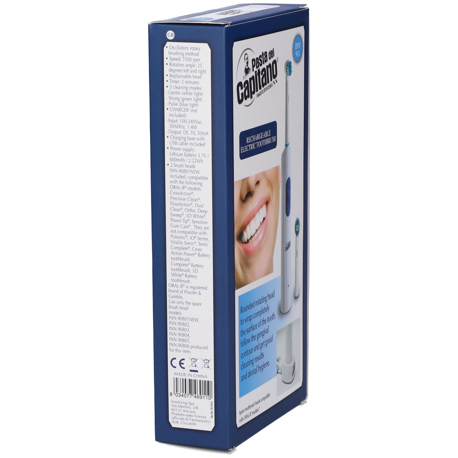 Confezione dello spazzolino elettrico. Informazioni e specifiche del prodotto sul lato. Marchio: Pasta del Capitano.