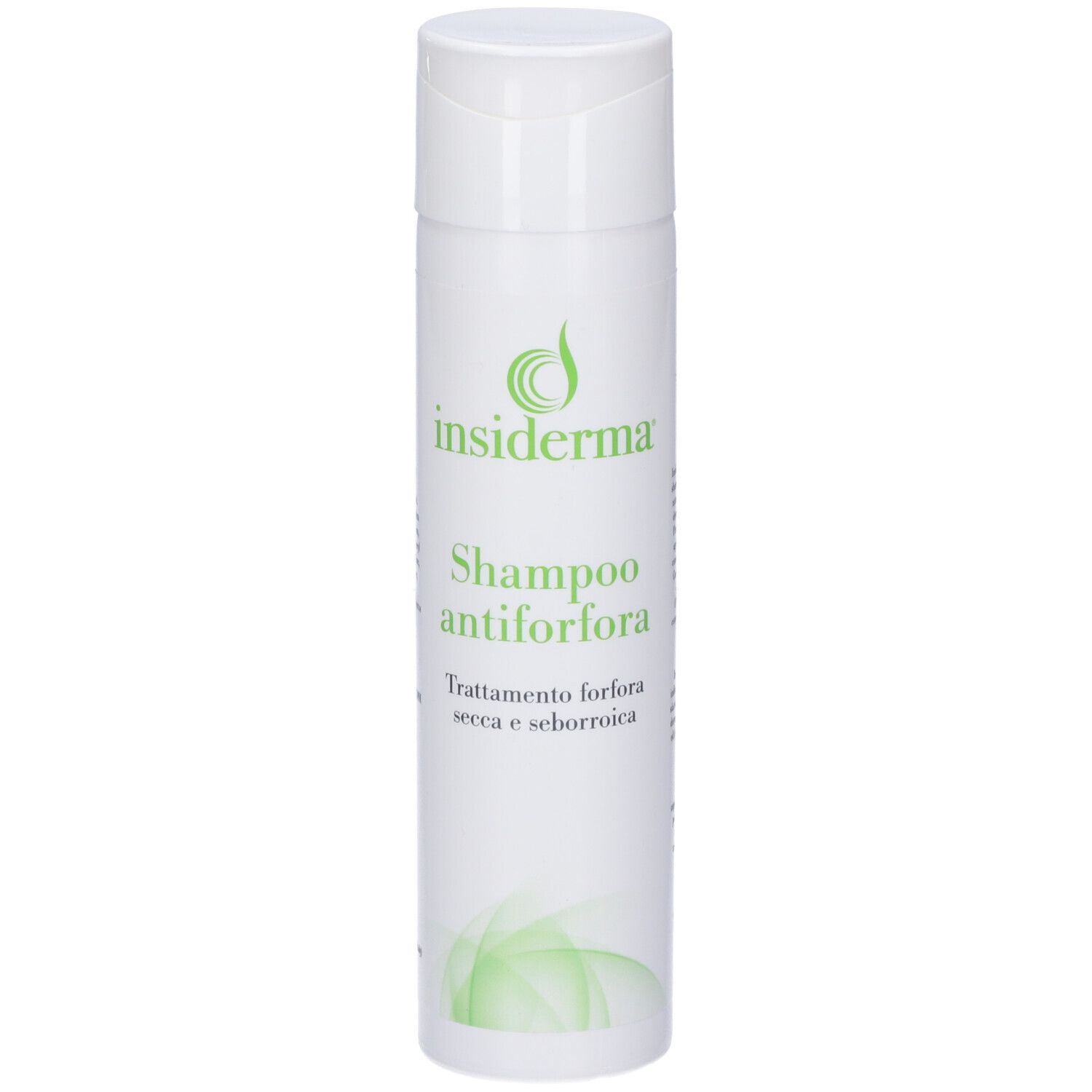 Flacone bianco con logo verde e scritta: Shampoo antiforfora. Trattamento per forfora secca e seborroica.