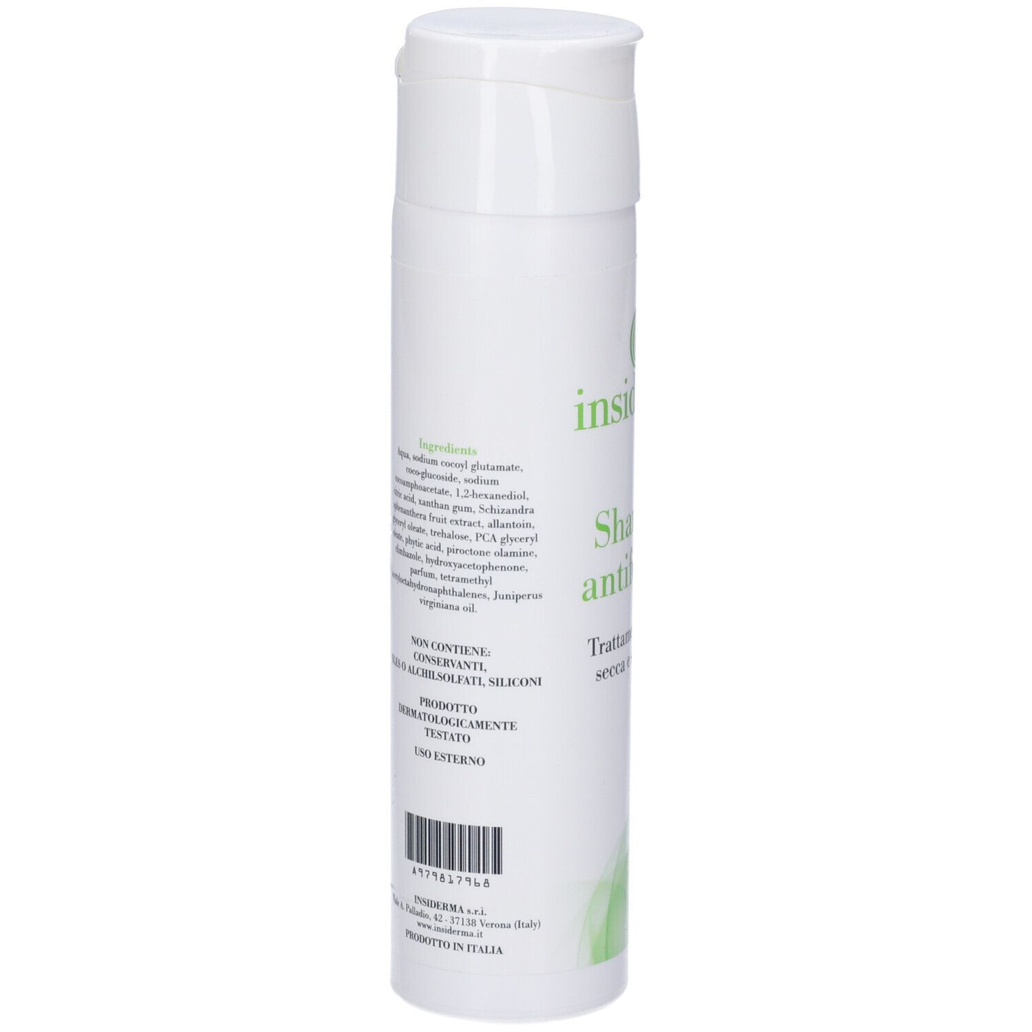 Retro di un flacone bianco. Testo: Ingredienti, Non contiene, dermatologicamente testato. Codice a barre.