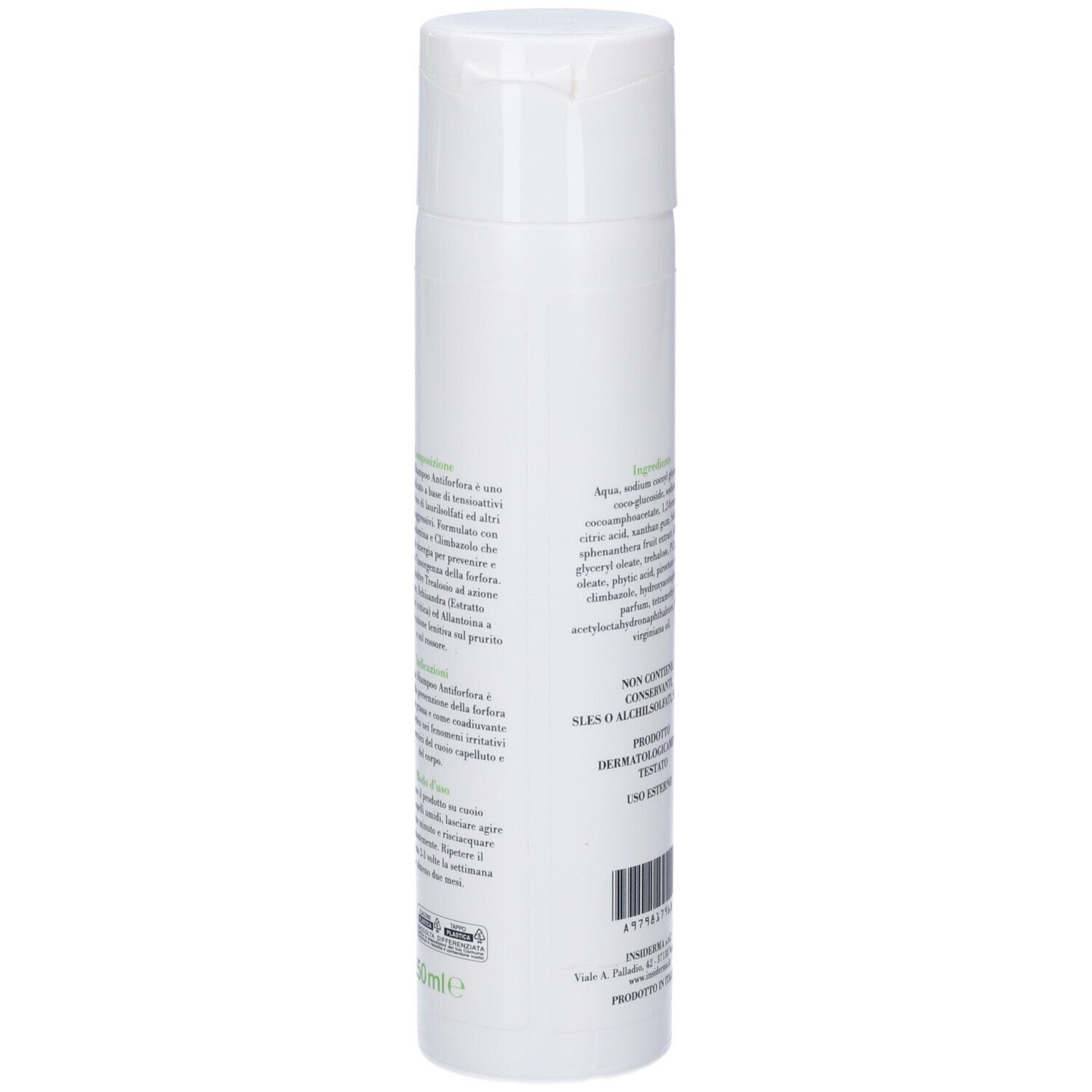 Retro di un flacone bianco. Testo: Ingredienti, Non contiene, dermatologicamente testato. Codice a barre.