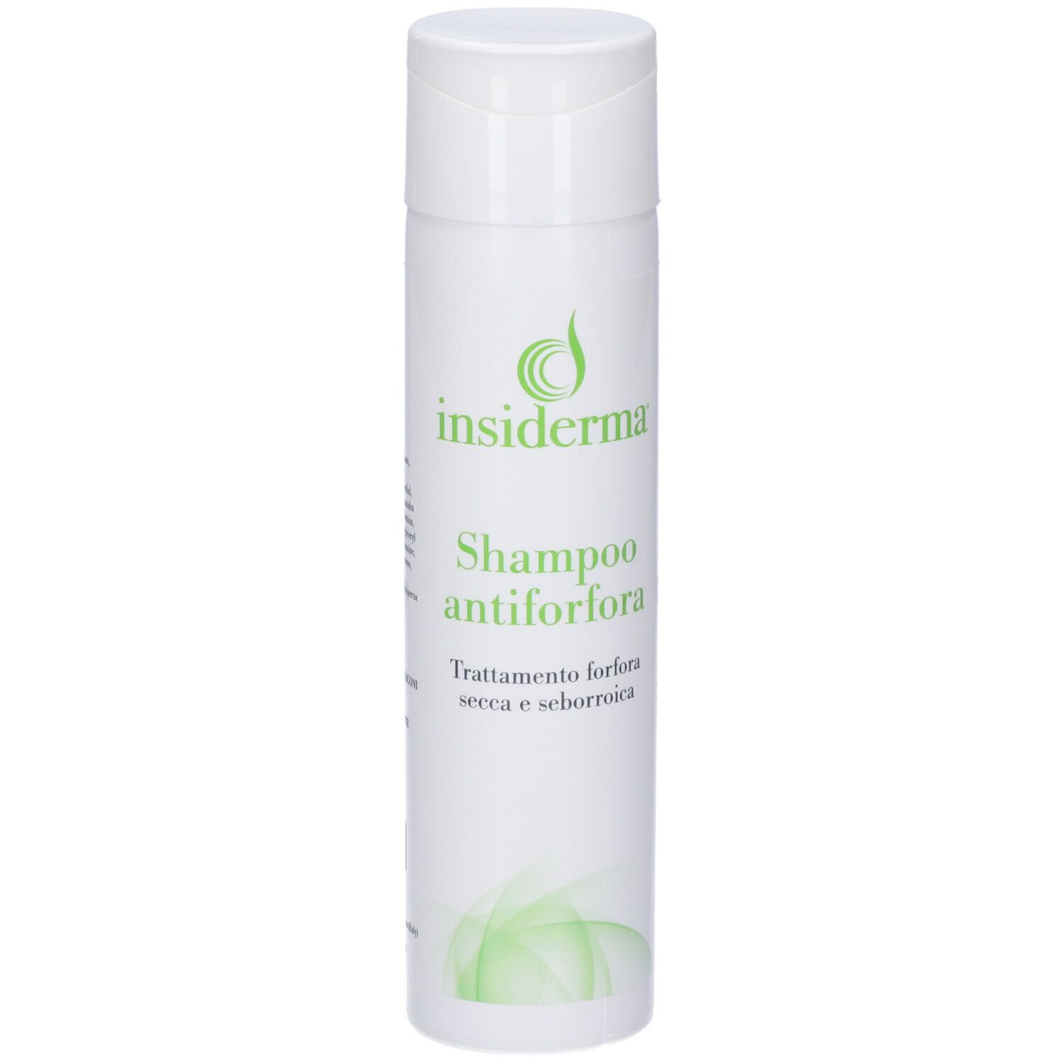 Flacone bianco con logo verde e scritta: Shampoo antiforfora. Trattamento per forfora secca e seborroica.