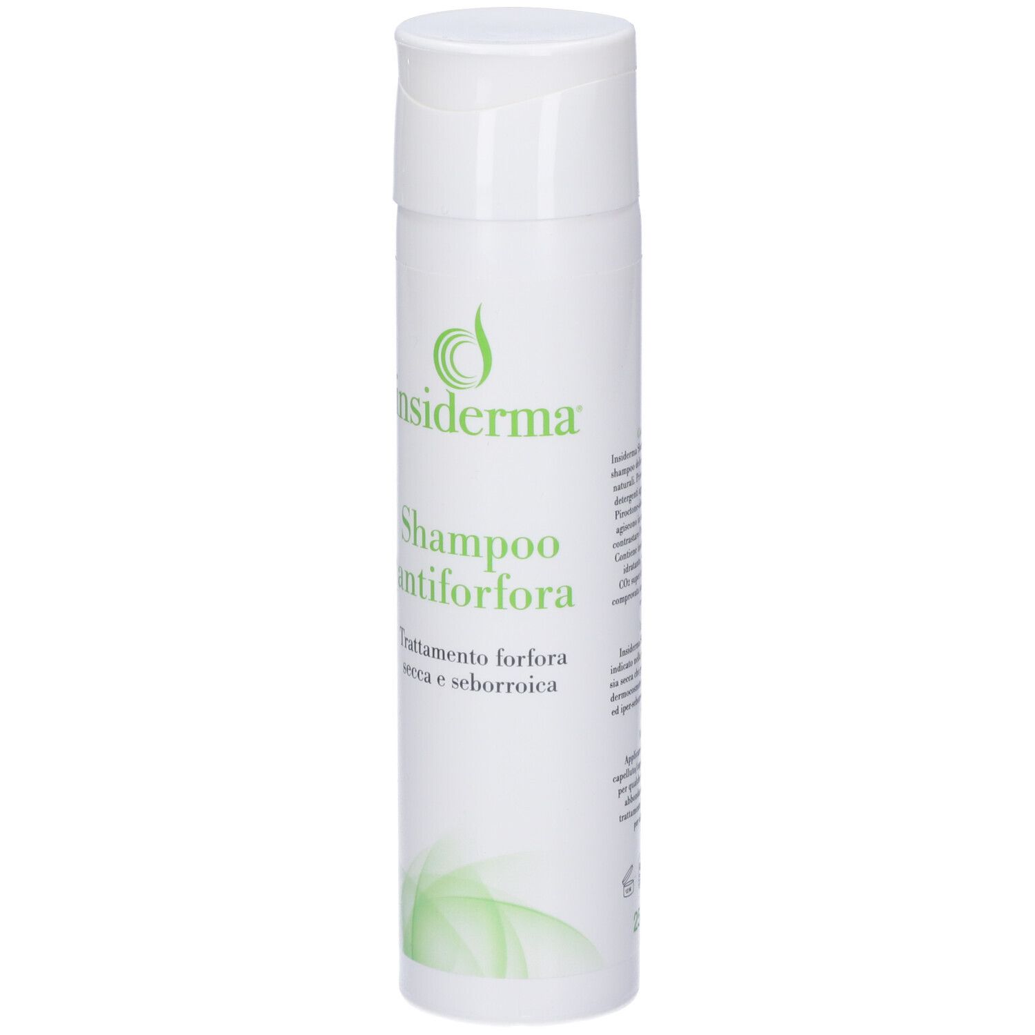 Flacone bianco con logo verde e scritta: Shampoo antiforfora. Trattamento per forfora secca e seborroica.
