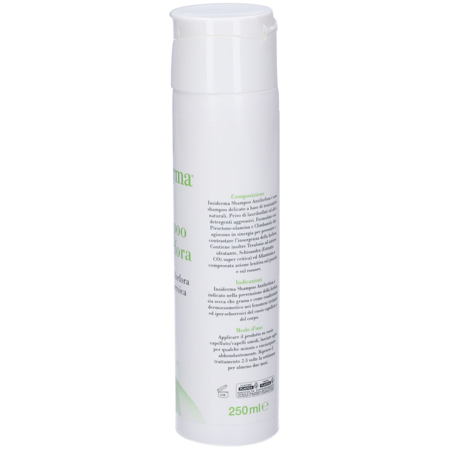 Retro di un flacone bianco. Testo: Composizione, Istruzioni per l'uso, 250 ml.