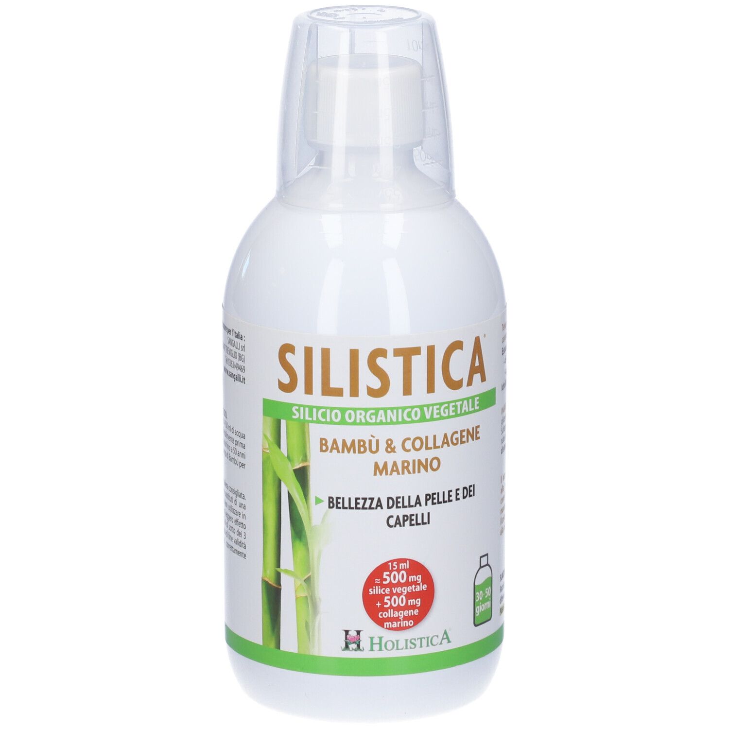 Flacone bianco con etichetta verde. Scritta SILISTICA, Bambù & Collagene Marino. Illustrazione di bambù. Marchio: Holistica.