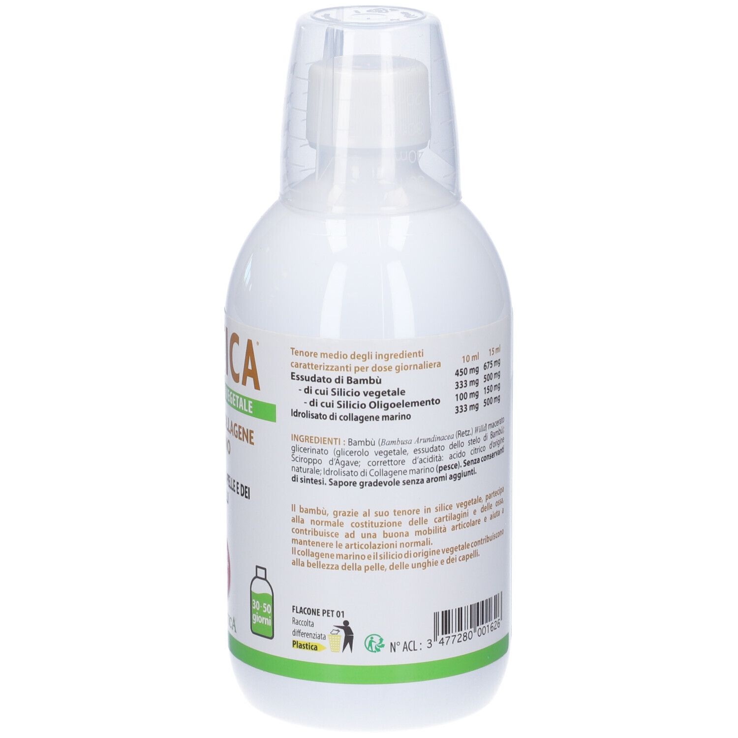 Retro del flacone bianco. Informazioni testuali, tra cui ingredienti e informazioni nutrizionali.