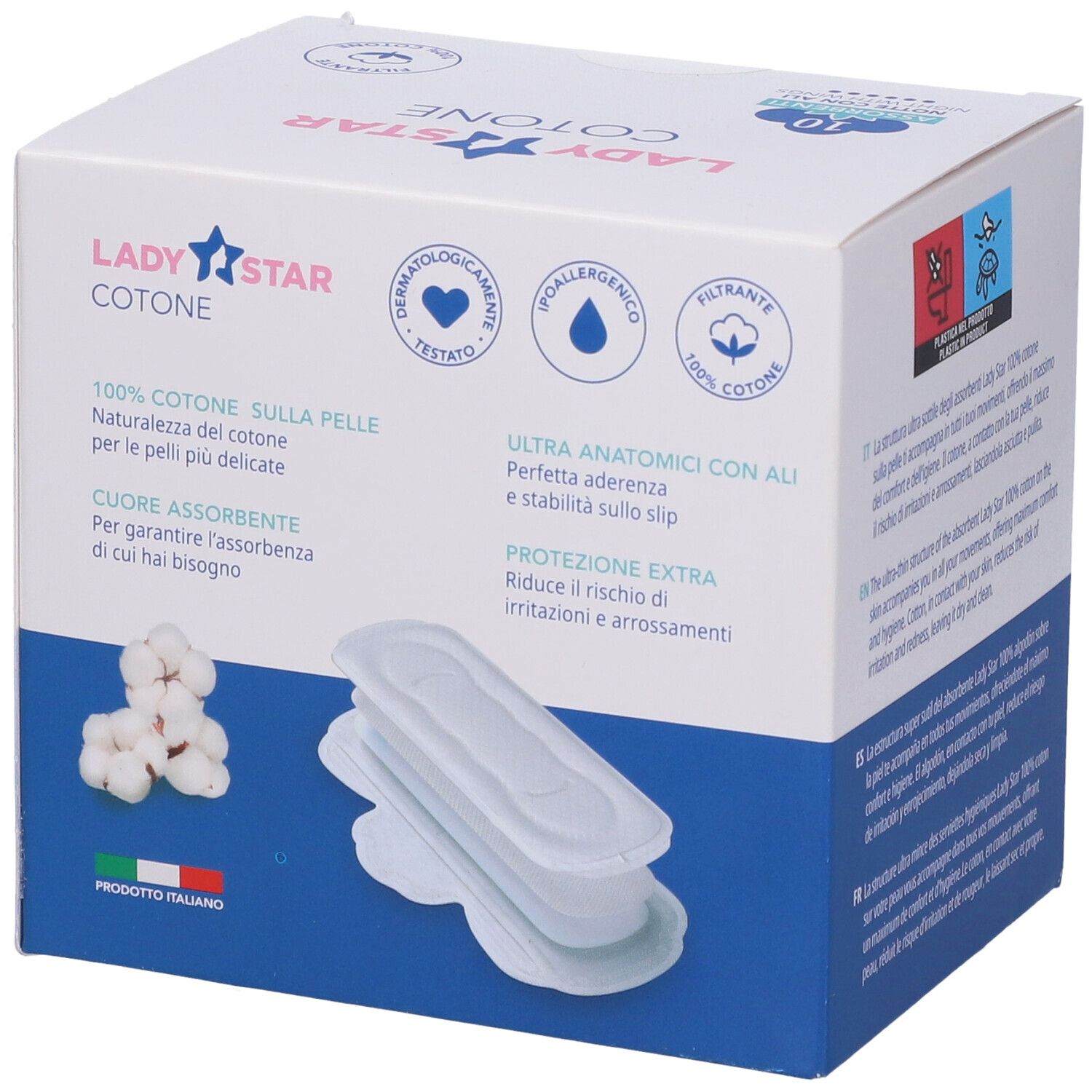 Confezione Lady Star Cotone con immagine del prodotto. Loghi: dermatologicamente testato, ipoallergenico, 100% cotone.