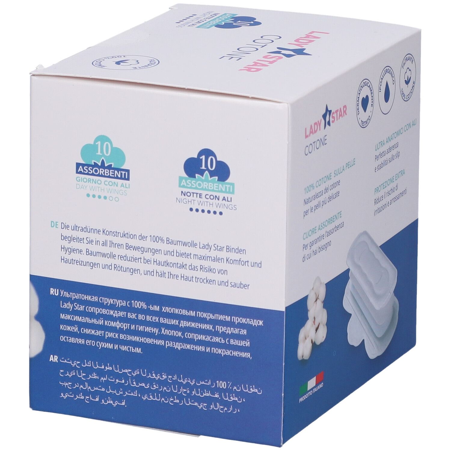 Confezione Lady Star Cotone. Immagine del prodotto. Loghi: 10 assorbenti, 100% cotone, ultra anatomici con ali. Bandiera italiana.