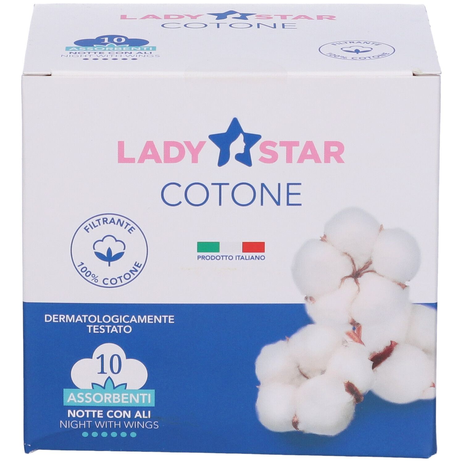 Confezione Lady Star Cotone. Testo: 10 assorbenti notte con ali. Logo: 100% cotone. Bandiera italiana.