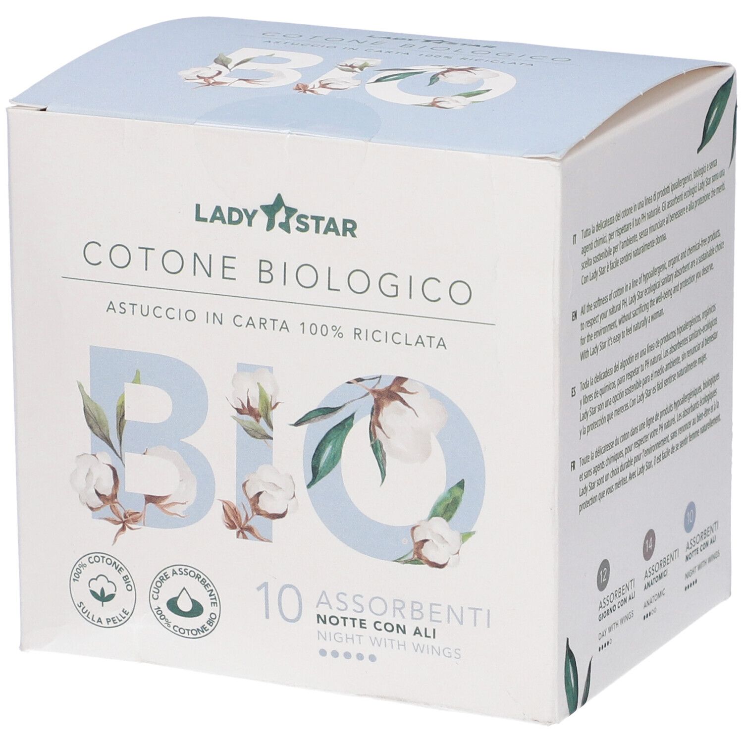 Ladystar Assorbenti Esterni 100% Cotone Bio Notte Ali 10 Pezzi