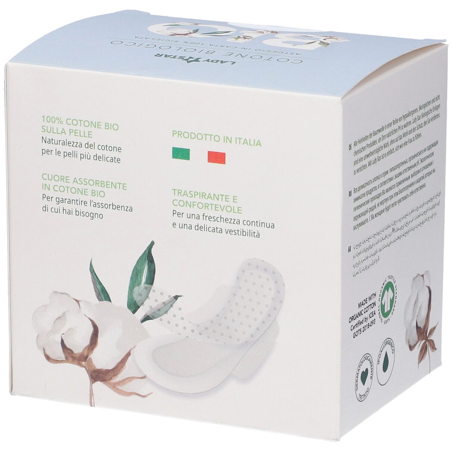 Retro confezione Ladystar Assorbenti Esterni. Immagine prodotto. Testo sulle caratteristiche. Made in Italy.