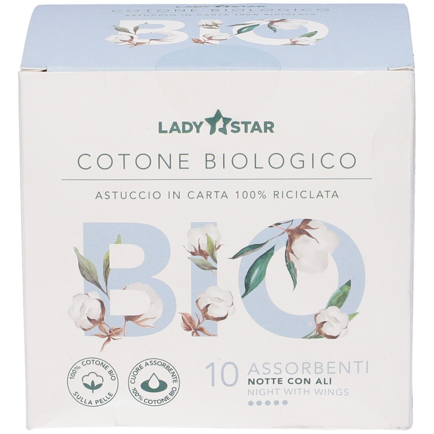 Confezione Ladystar Assorbenti Esterni. Scritta: Cotone Biologico, 10 Assorbenti Notte con Ali. Cotone bio. Astuccio in carta 100% riciclata.
