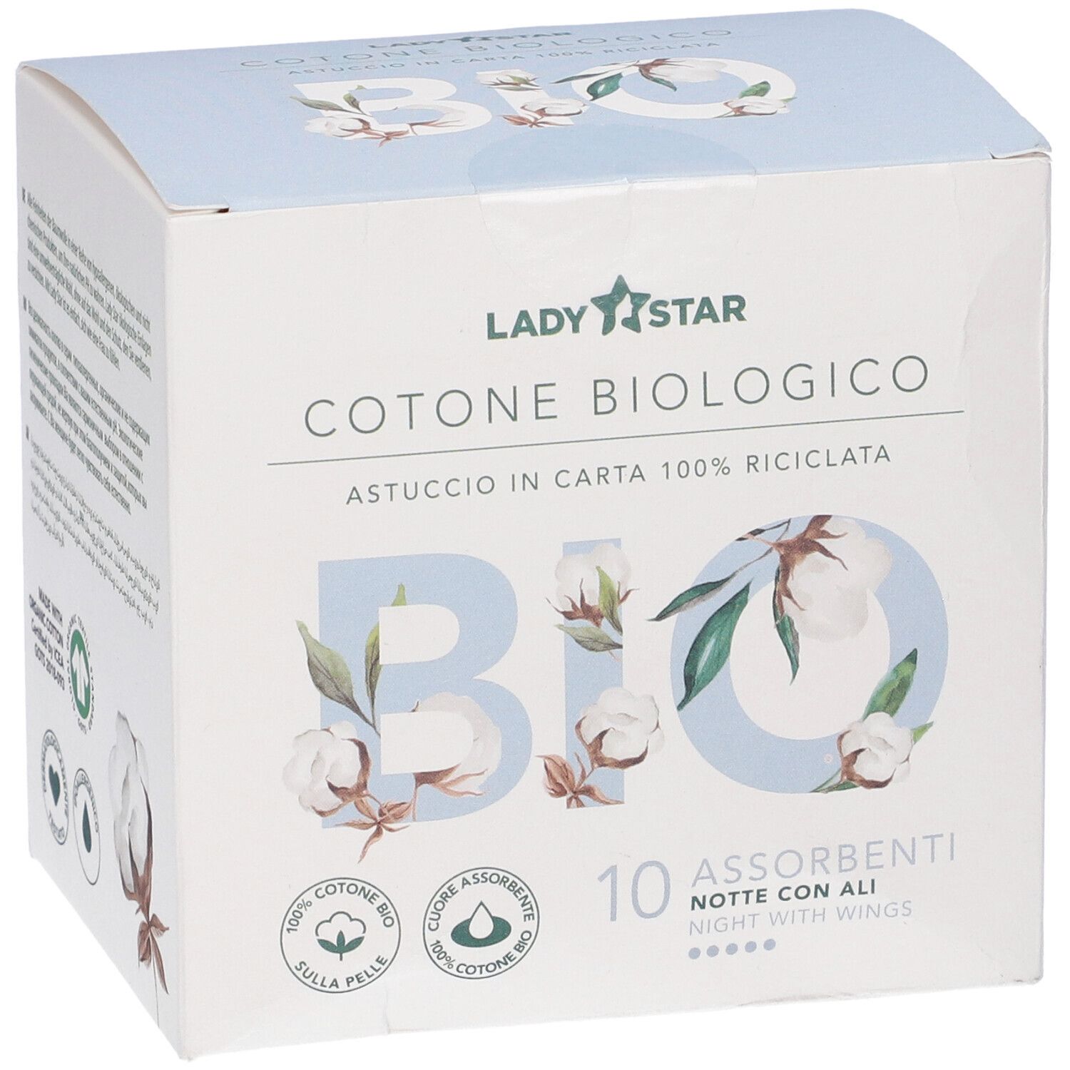 Confezione Ladystar Assorbenti Esterni. Scritta: Cotone Biologico, 10 Assorbenti Notte con Ali. Cotone bio. Stelle.