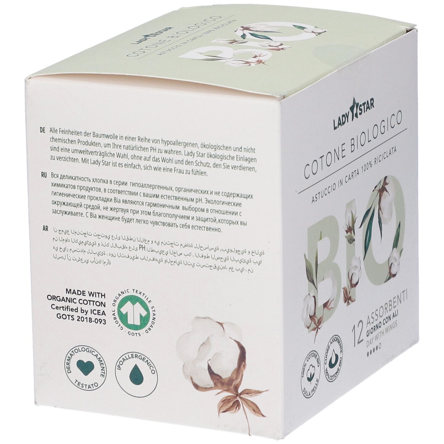 Scatola di assorbenti. Scritto: Ladystar, Cotone Biologico, 12 Assorbenti. Cotone bio. Certificazione GOTS. Testo multilingue.