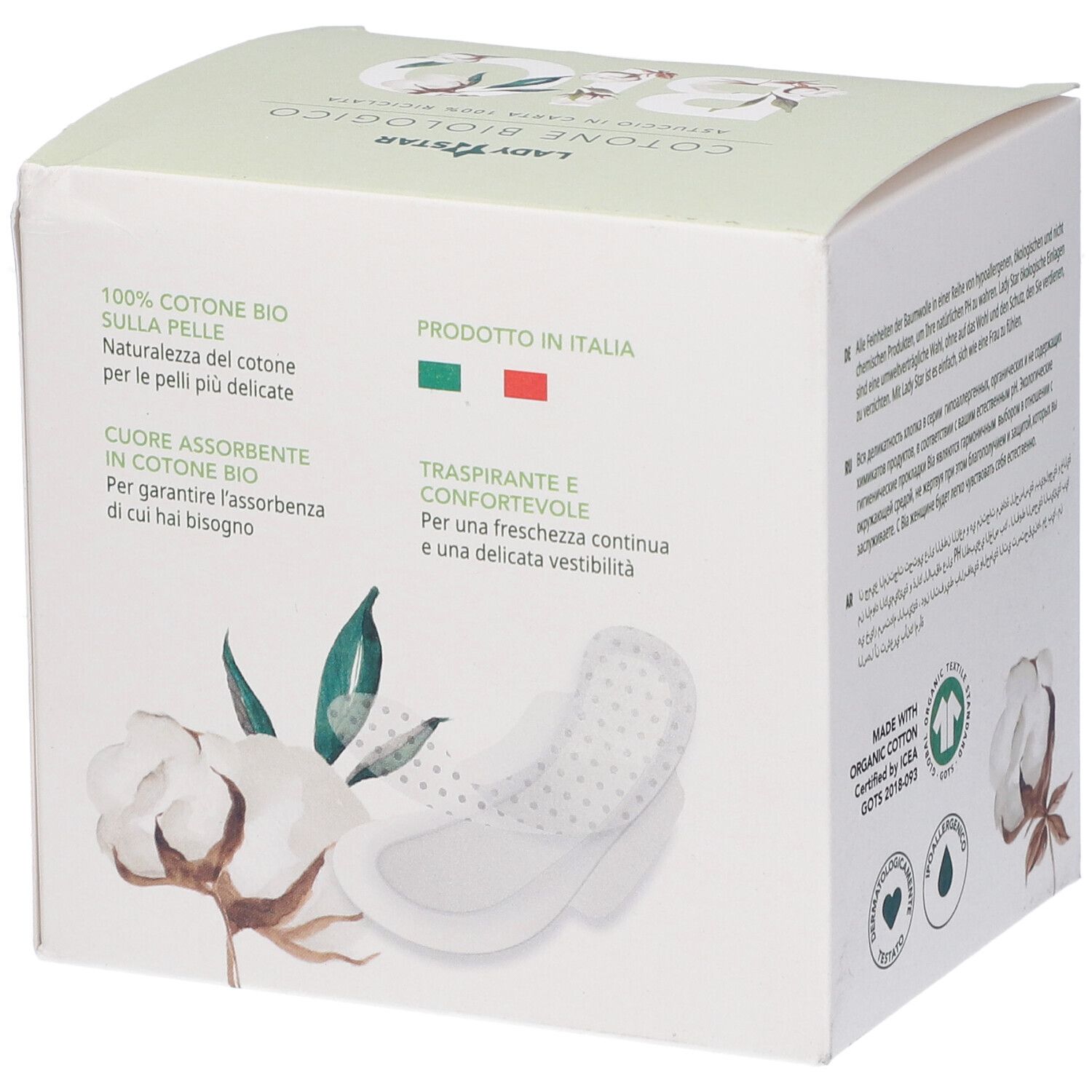 Scatola di assorbenti. Scritto: 100% Cotone Bio, prodotto in Italia. Immagine di un assorbente. Testo sulle caratteristiche.
