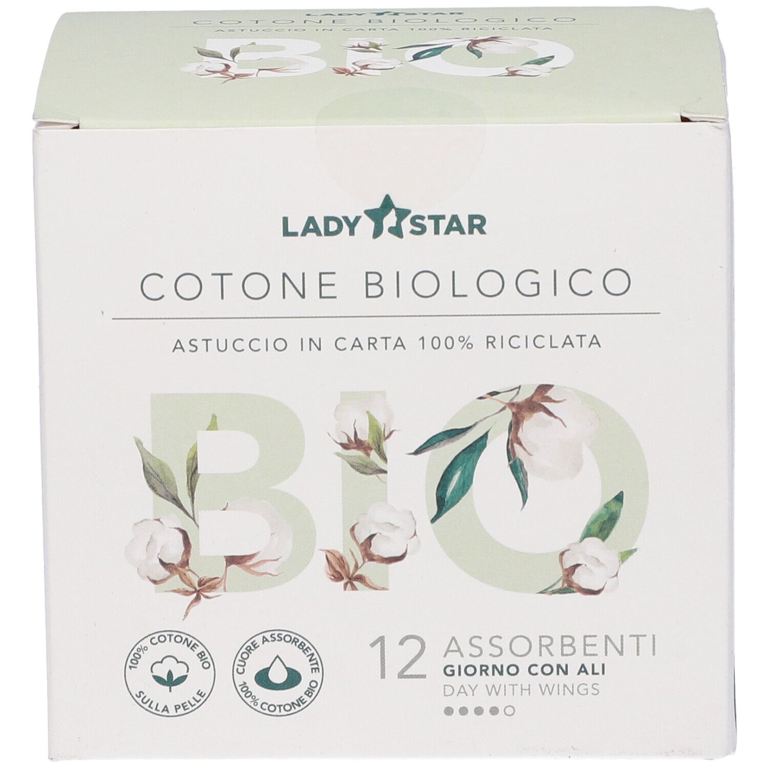 Scatola di assorbenti. Scritto: Ladystar, Cotone Biologico, 12 Assorbenti Giorno con Ali. Cotone bio, confezione riciclata.