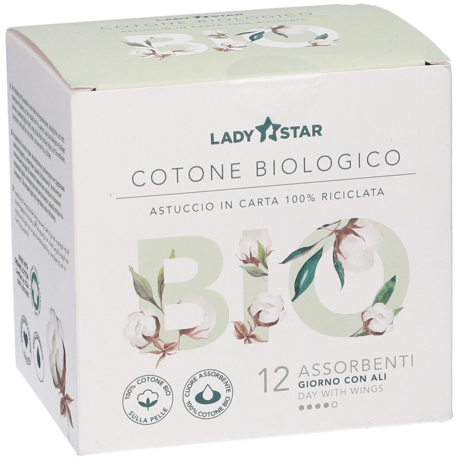 Scatola di assorbenti. Scritto: Ladystar, Cotone Biologico, 12 Assorbenti Giorno con Ali. Cotone bio, confezione riciclata.