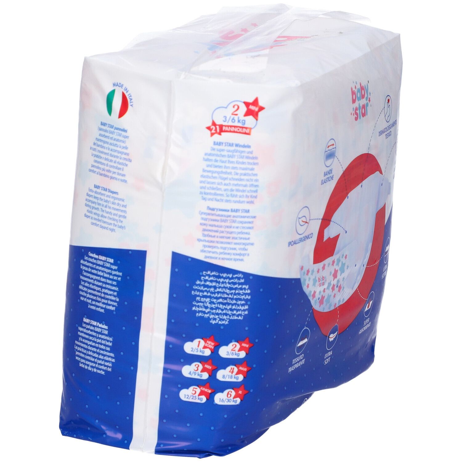 Retro della confezione di pannolini Baby Star Slim. Mostra le taglie e le caratteristiche del prodotto.