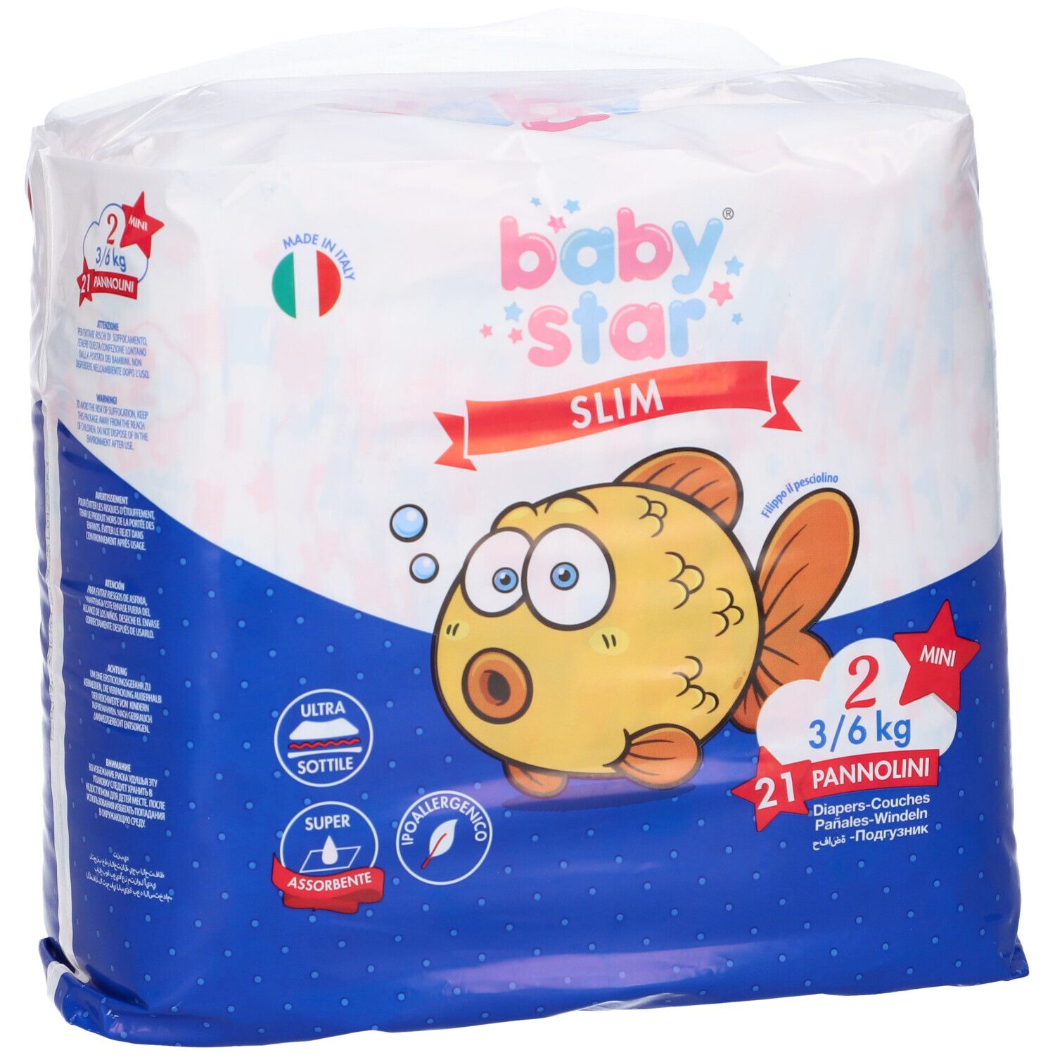 Confezione di pannolini Baby Star Slim, taglia 2, 3/6 kg, 21 pezzi. Confezione con illustrazione di pesce e informazioni.