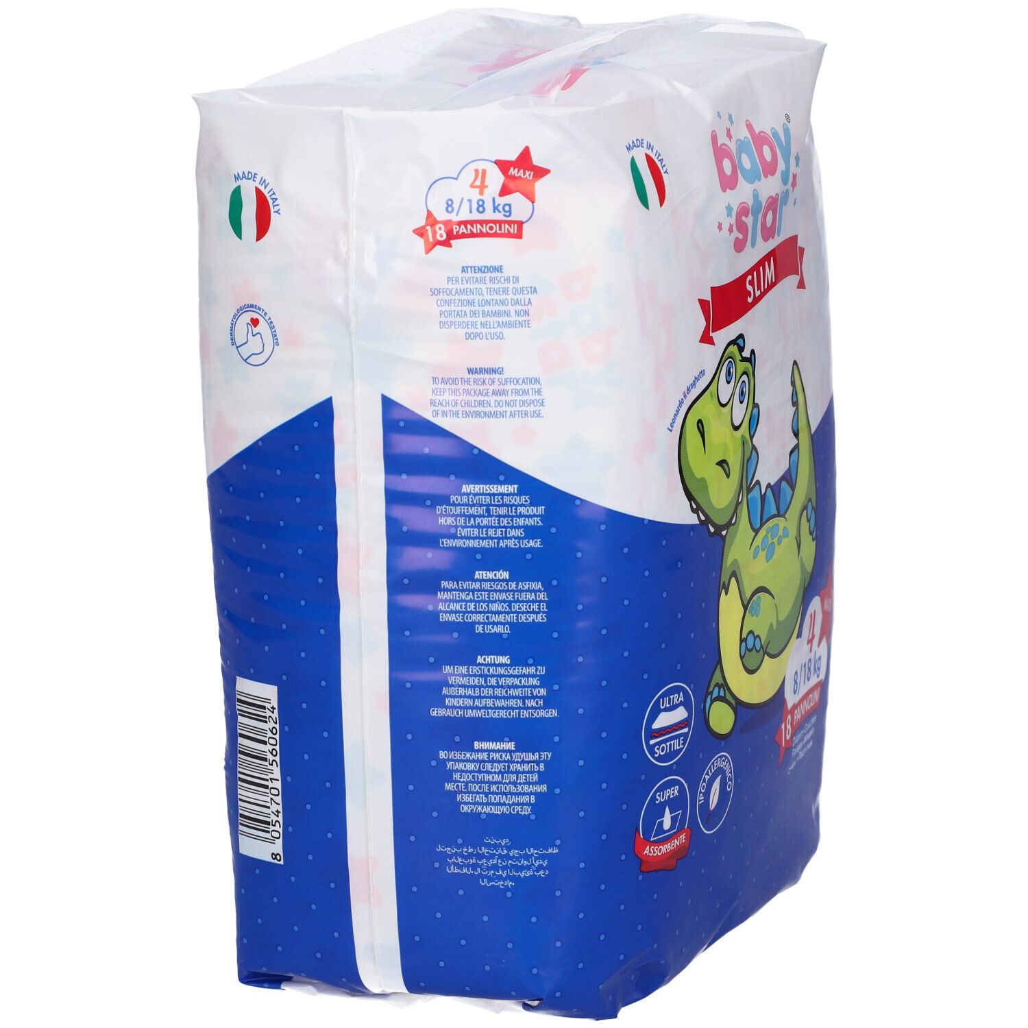 Retro confezione pannolini Baby Star Slim. Taglia 4, 8/18 kg, 18 pezzi. Testo e dinosauro.