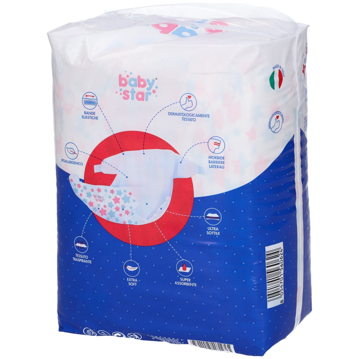 Confezione pannolini Baby Star Slim. Taglia 4, 8/18 kg, 18 pezzi. Illustrazione pannolino con stelle.