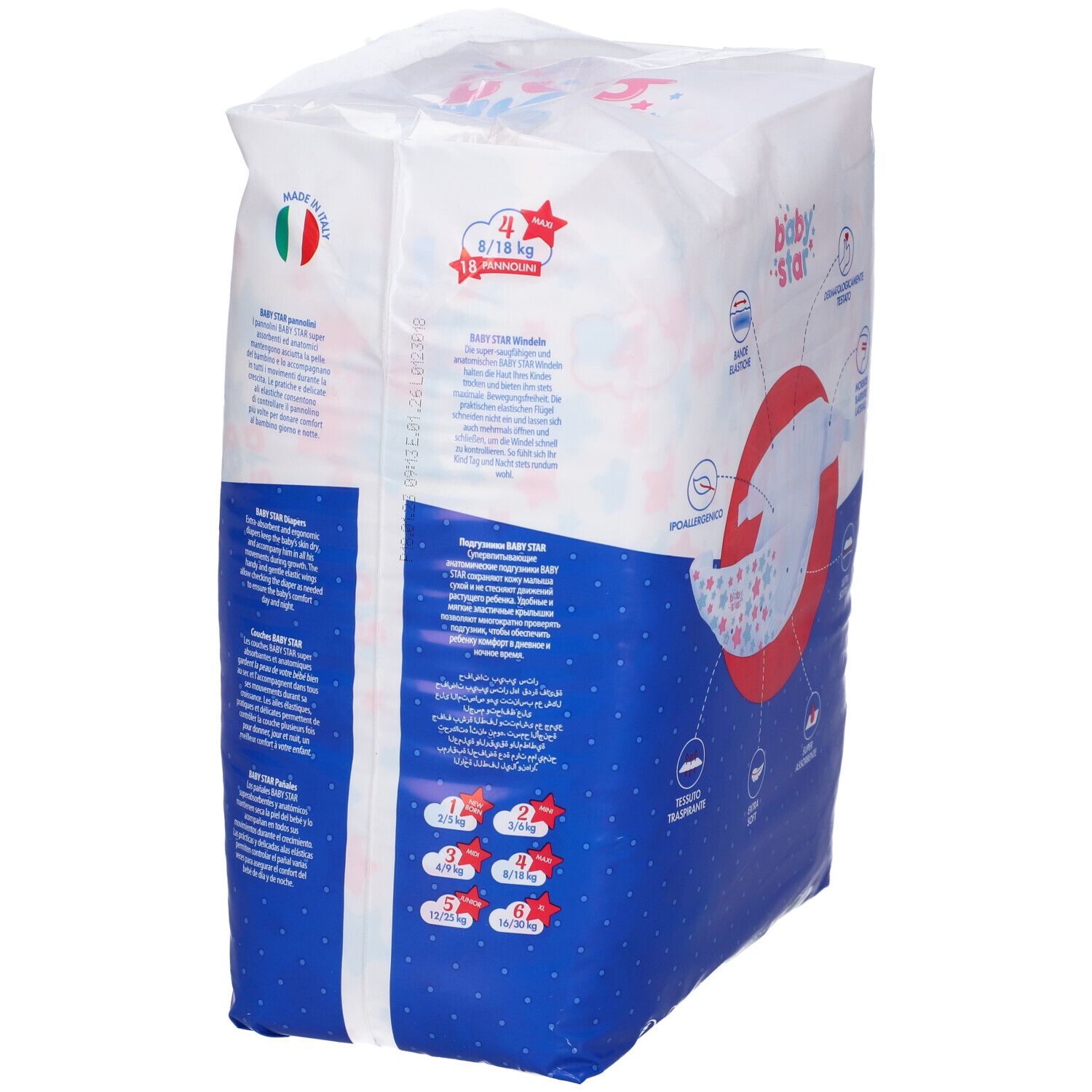 Retro confezione pannolini Baby Star Slim. Taglia 4, 8/18 kg, 18 pezzi. Testo e indicazioni taglie.