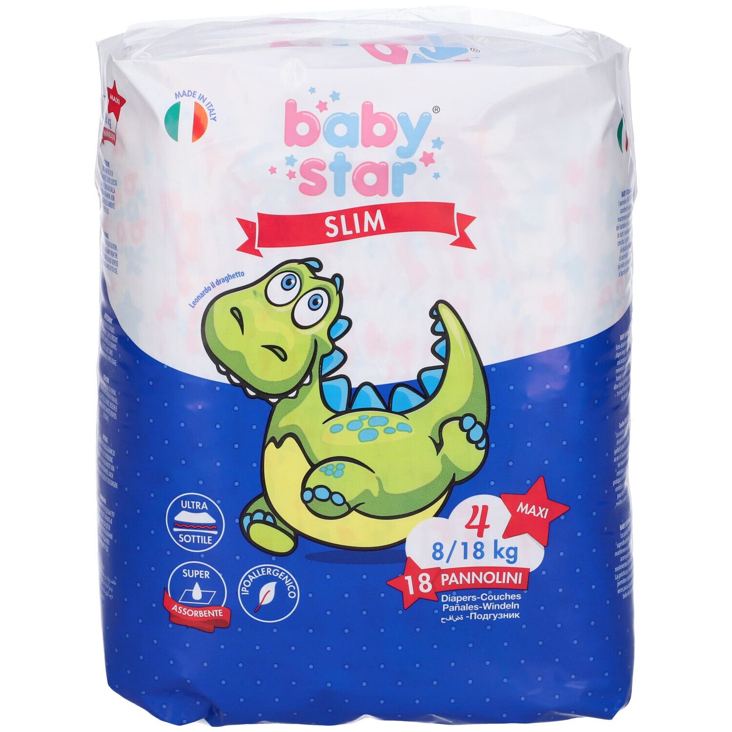Confezione pannolini Baby Star Slim. Taglia 4, 8/18 kg, 18 pezzi. Illustrazione dinosauro e info.