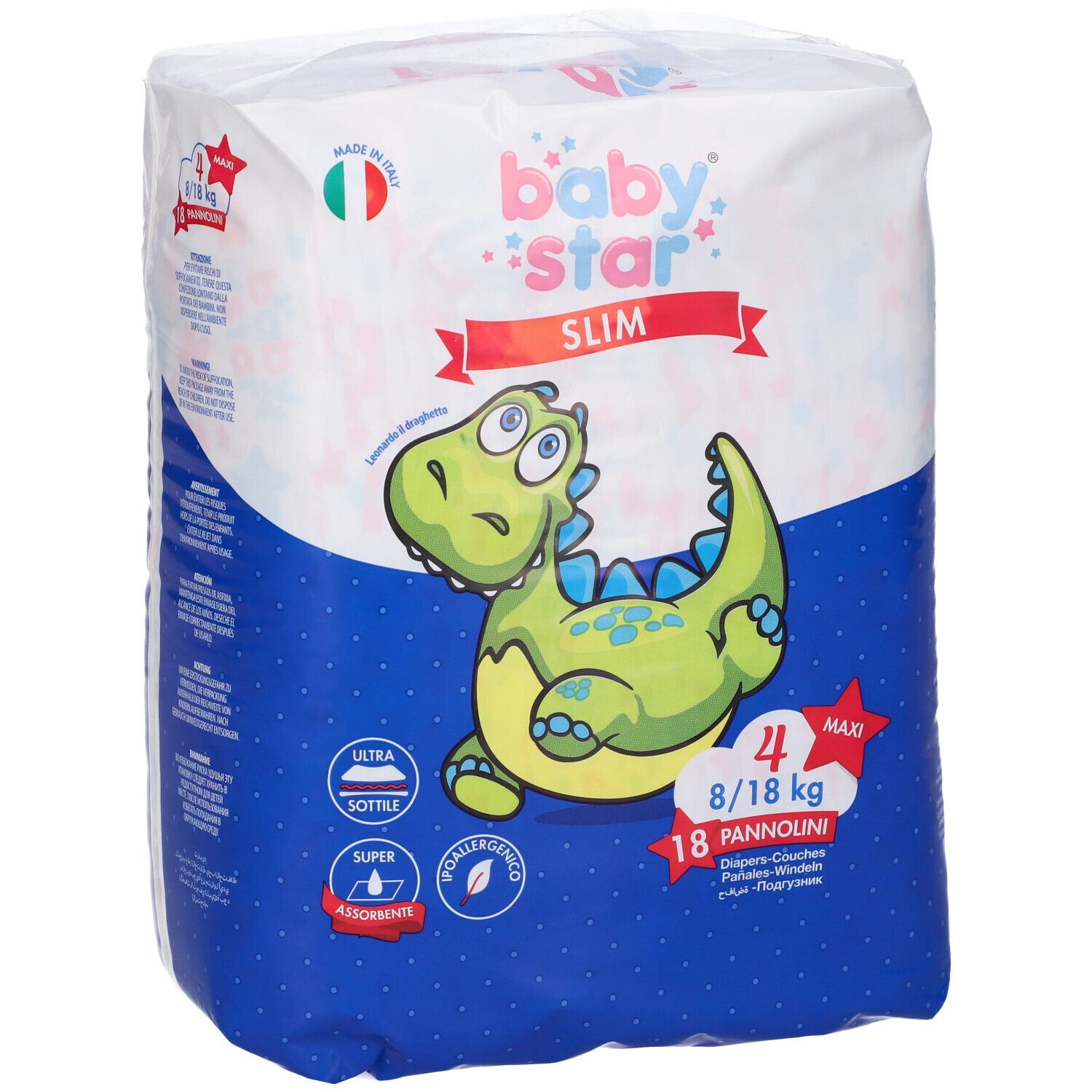 Confezione pannolini Baby Star Slim. Taglia 4, 8/18 kg, 18 pezzi. Illustrazione dinosauro e info.