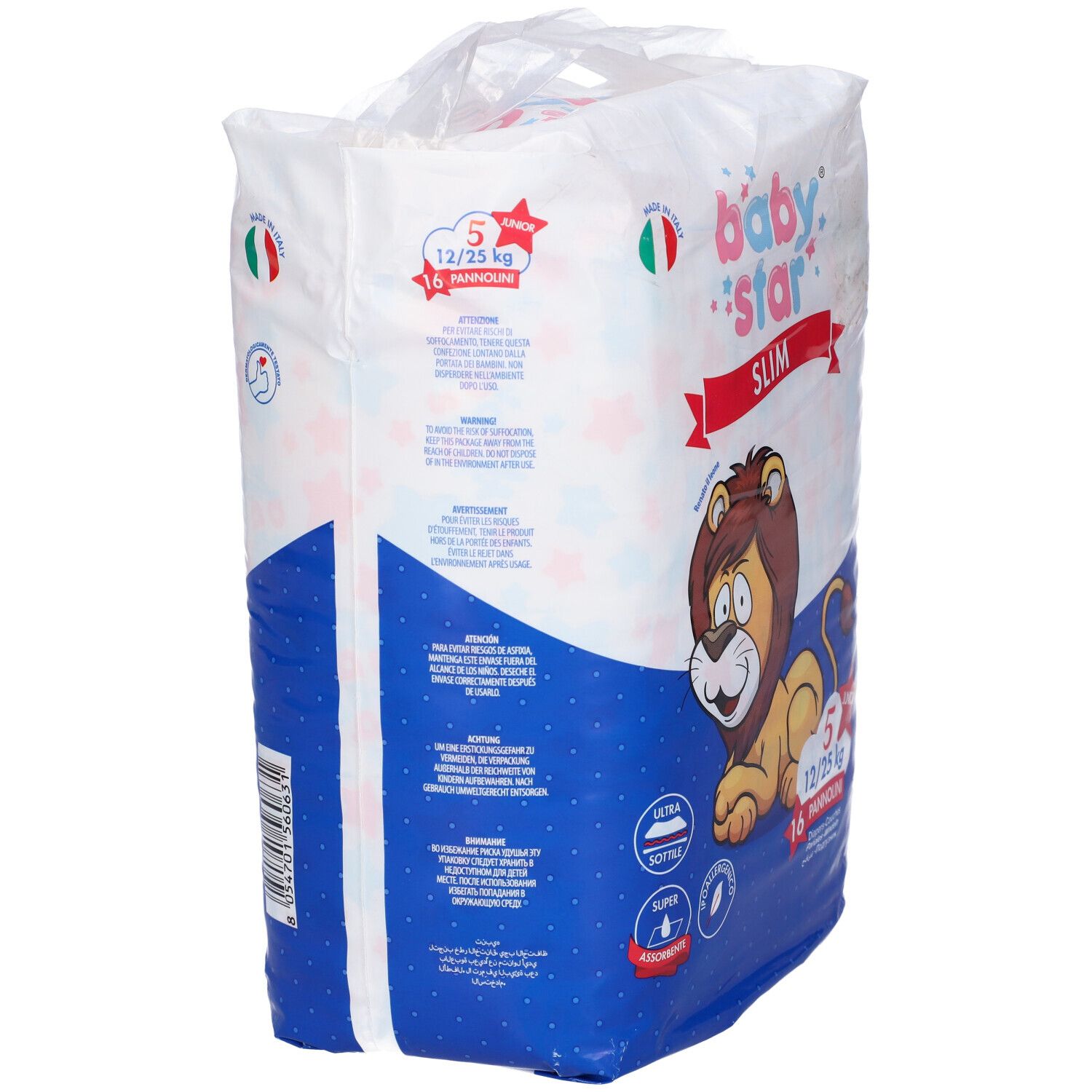 Confezione pannolini Baby Star Slim, vista laterale. Logo, illustrazione leone e indicazioni taglia. 16 pannolini per 12/25 kg.