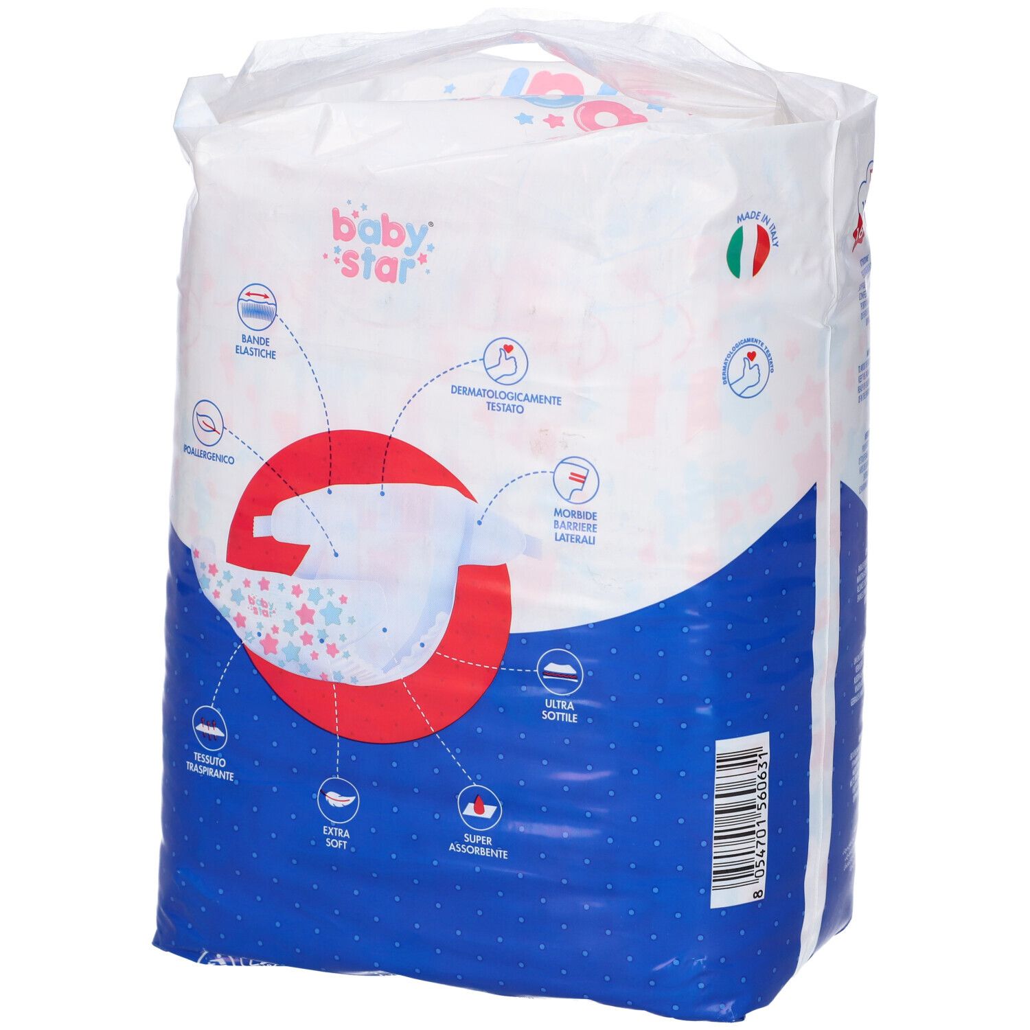 Retro confezione pannolini Baby Star Slim. Illustrazione pannolino, caratteristiche prodotto e loghi. Colorazione blu e bianca.