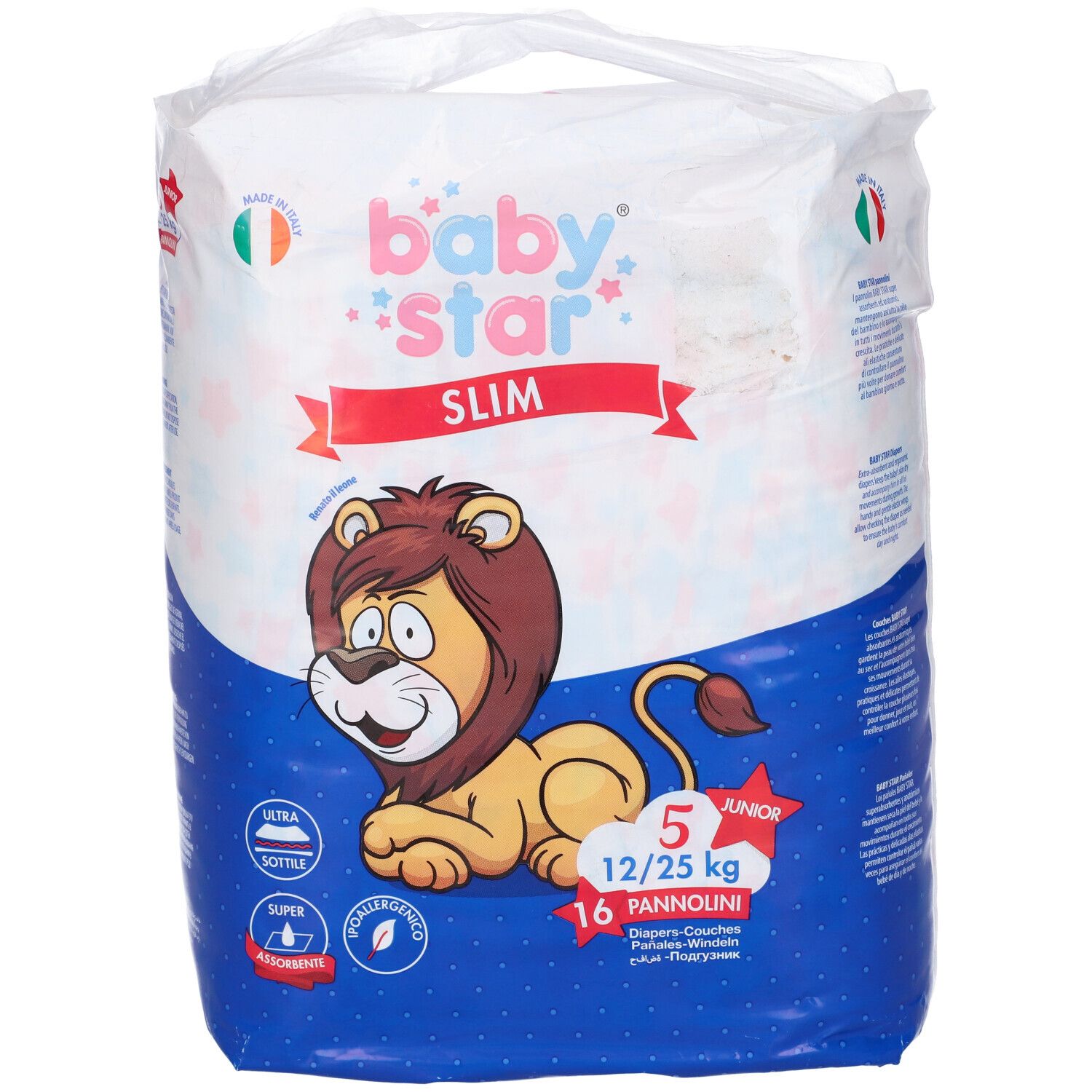Confezione pannolini Baby Star Slim con illustrazione leone e indicazioni taglia. Contiene 16 pannolini per 12/25 kg. Blu e bianco.