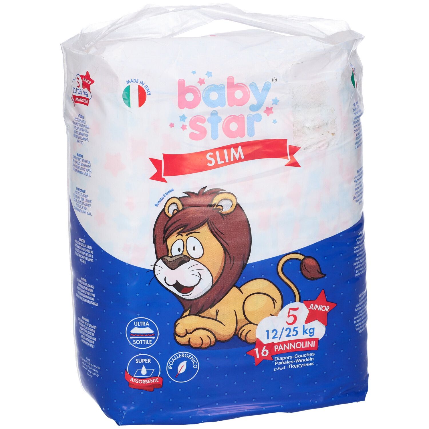 Confezione pannolini Baby Star Slim con illustrazione leone e indicazioni taglia. Contiene 16 pannolini per 12/25 kg. Blu e bianco.