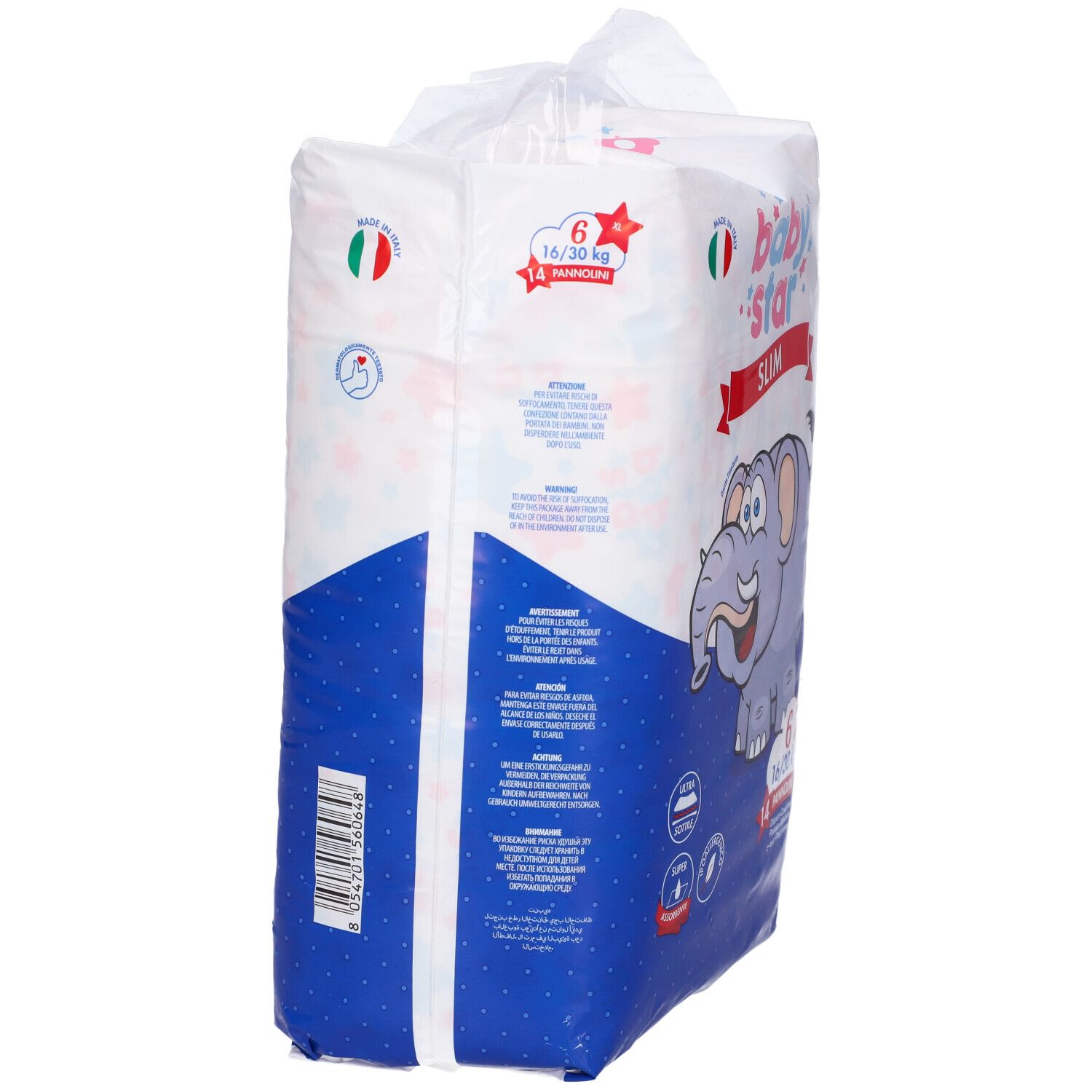 Vista laterale della confezione di pannolini Baby Star Slim, taglia 6. Confezione con informazioni e maniglia.