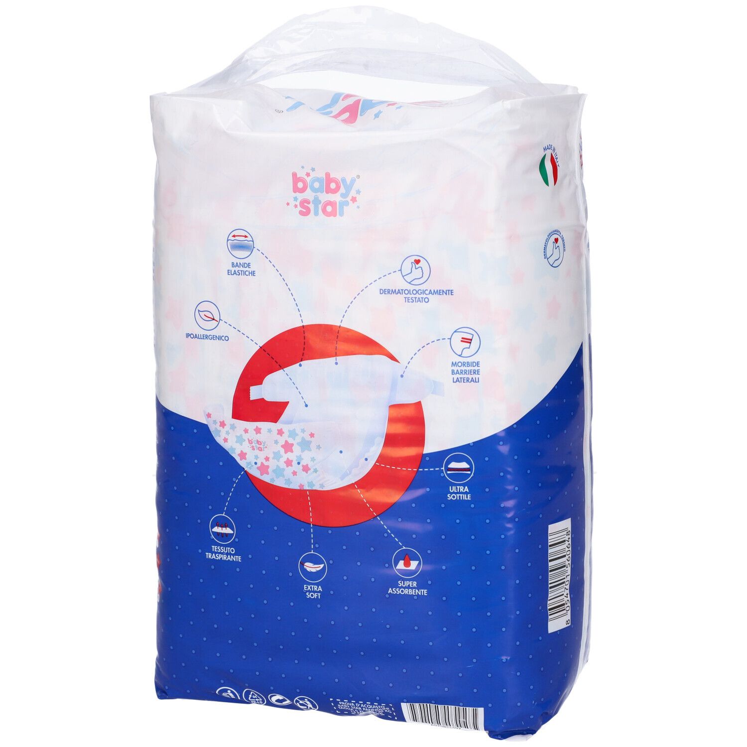 Fronte della confezione di pannolini Baby Star Slim, taglia 6. Illustrazioni e caratteristiche su sfondo blu.