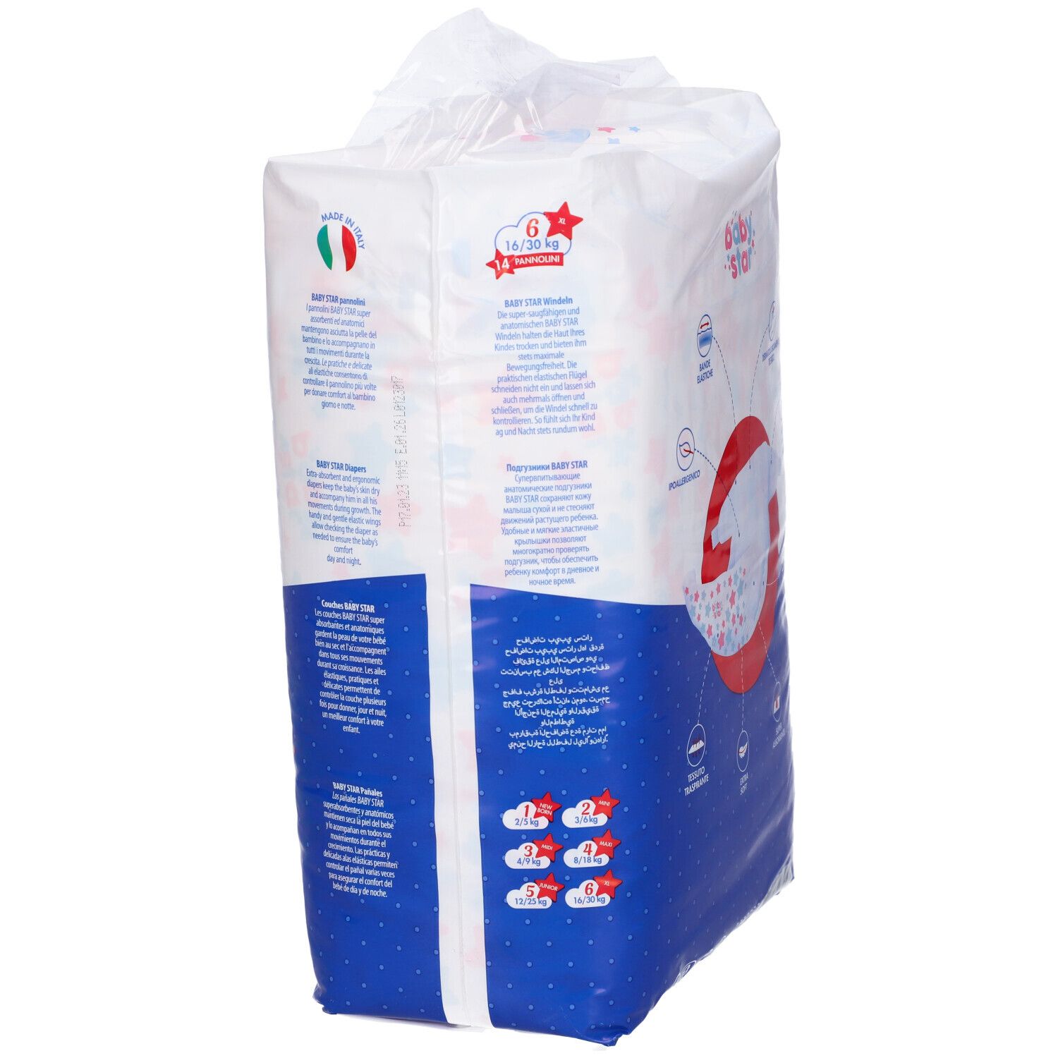 Retro della confezione di pannolini Baby Star Slim, taglia 6. Informazioni e indicazioni taglia.