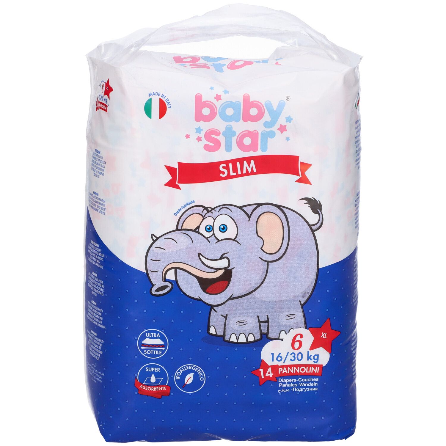 Confezione di pannolini Baby Star Slim, taglia 6, 16/30 kg, 14 pezzi. Con elefante e caratteristiche.