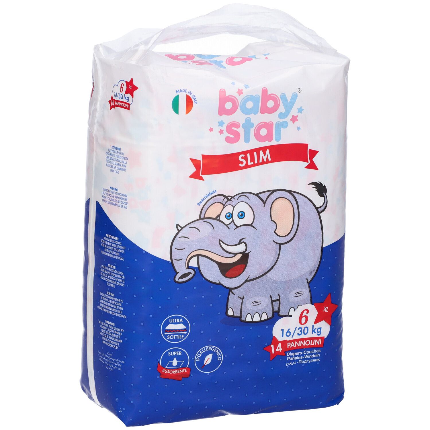 Confezione di pannolini Baby Star Slim, taglia 6, 16/30 kg, 14 pezzi. Con elefante e caratteristiche.