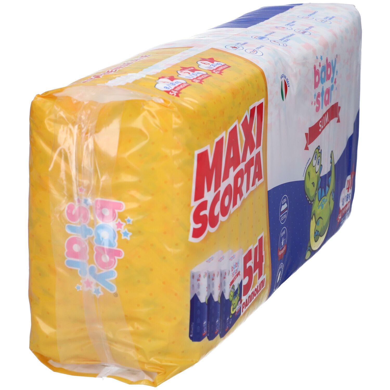 Vista laterale della confezione di pannolini Baby Star Slim. Contiene 54 pezzi, taglia 4 (8/18 kg). Imballaggio giallo e blu.