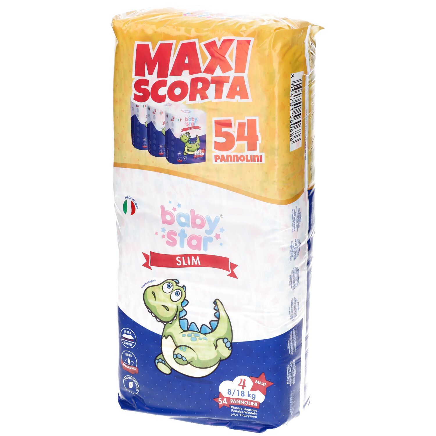 Confezione di pannolini Baby Star Slim. Contiene 54 pezzi, taglia 4 (8/18 kg). Imballaggio giallo con illustrazione di dinosauro.