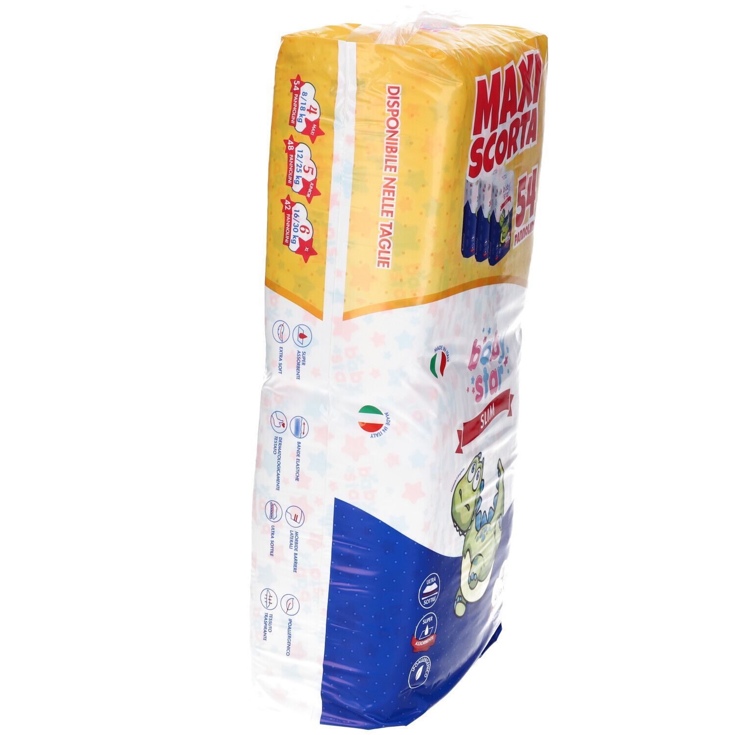 Vista obliqua della confezione di pannolini Baby Star Slim. Contiene 54 pezzi, taglia 4 (8/18 kg). Imballaggio giallo.