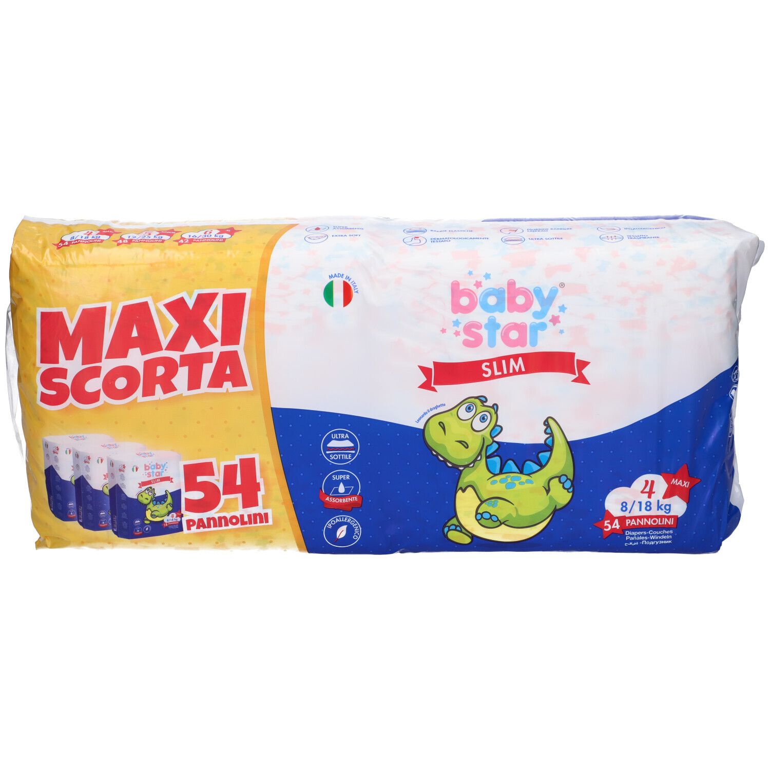 Confezione di pannolini Baby Star Slim. Contiene 54 pezzi, taglia 4 (8/18 kg). Imballaggio con illustrazione di dinosauro e bandiera italiana.