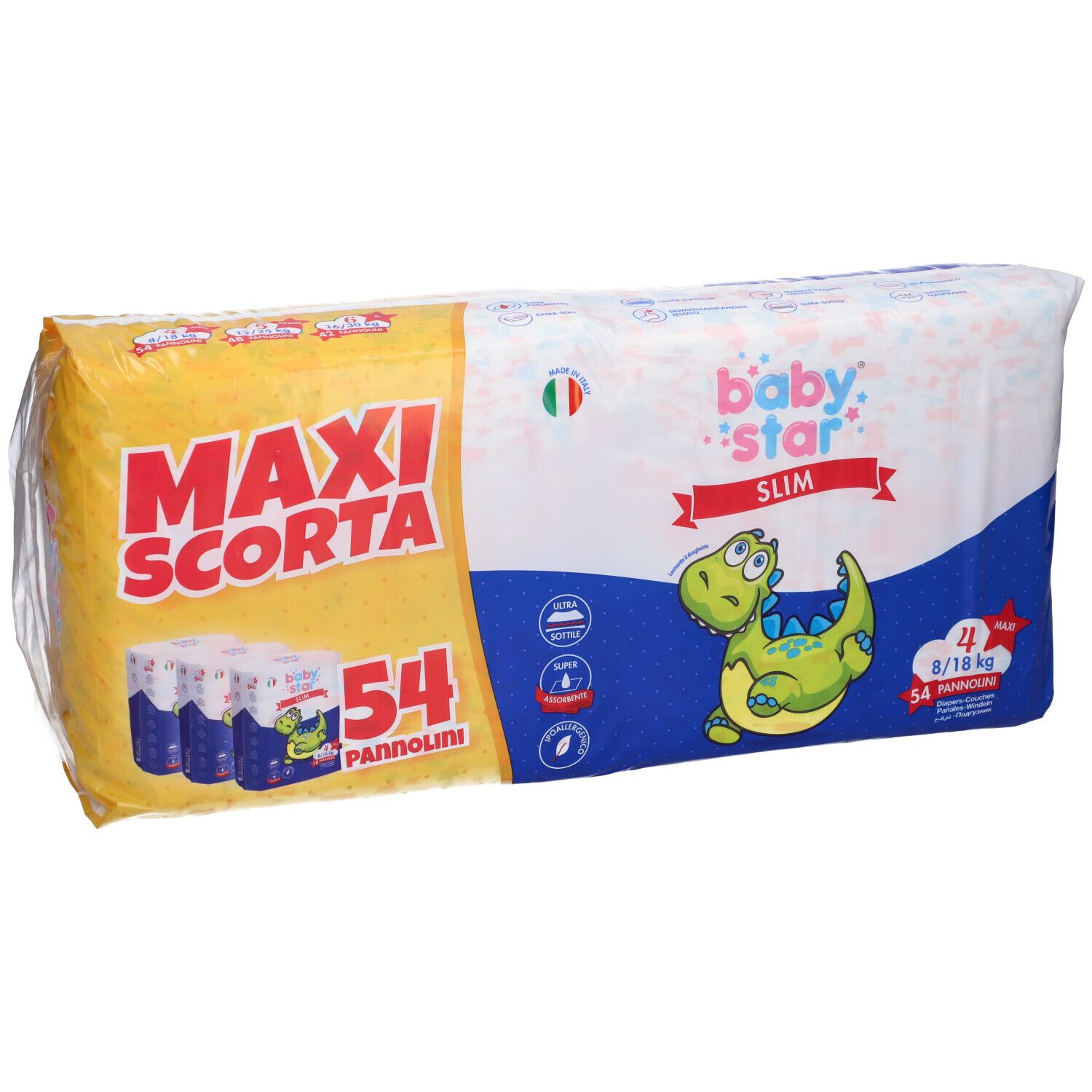 Confezione di pannolini Baby Star Slim. Contiene 54 pezzi, taglia 4 (8/18 kg). Imballaggio con illustrazione di dinosauro.