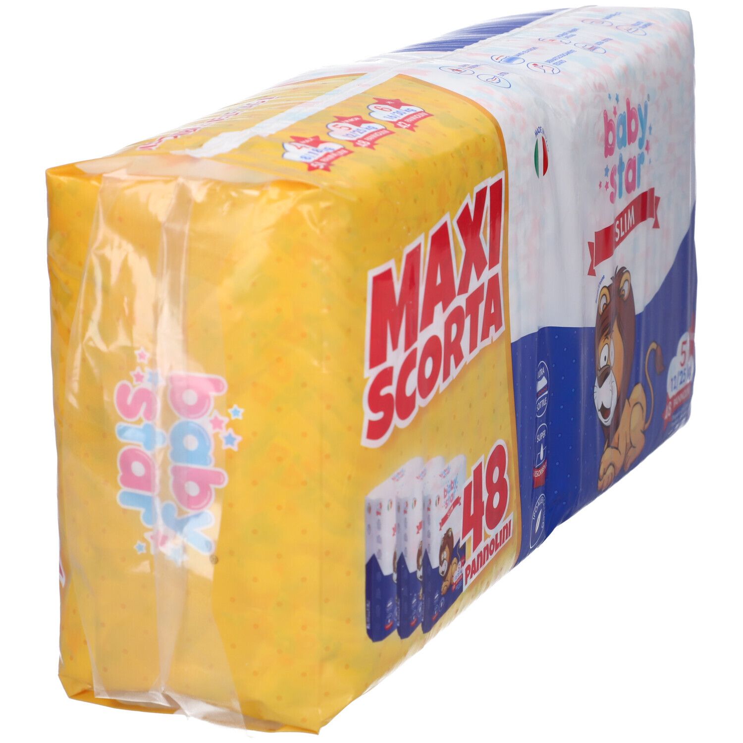 Confezione di pannolini, gialla e bianca. Scritte: MAXI SCORTA, 48 PANNOLINI, baby star SLIM. Leone.