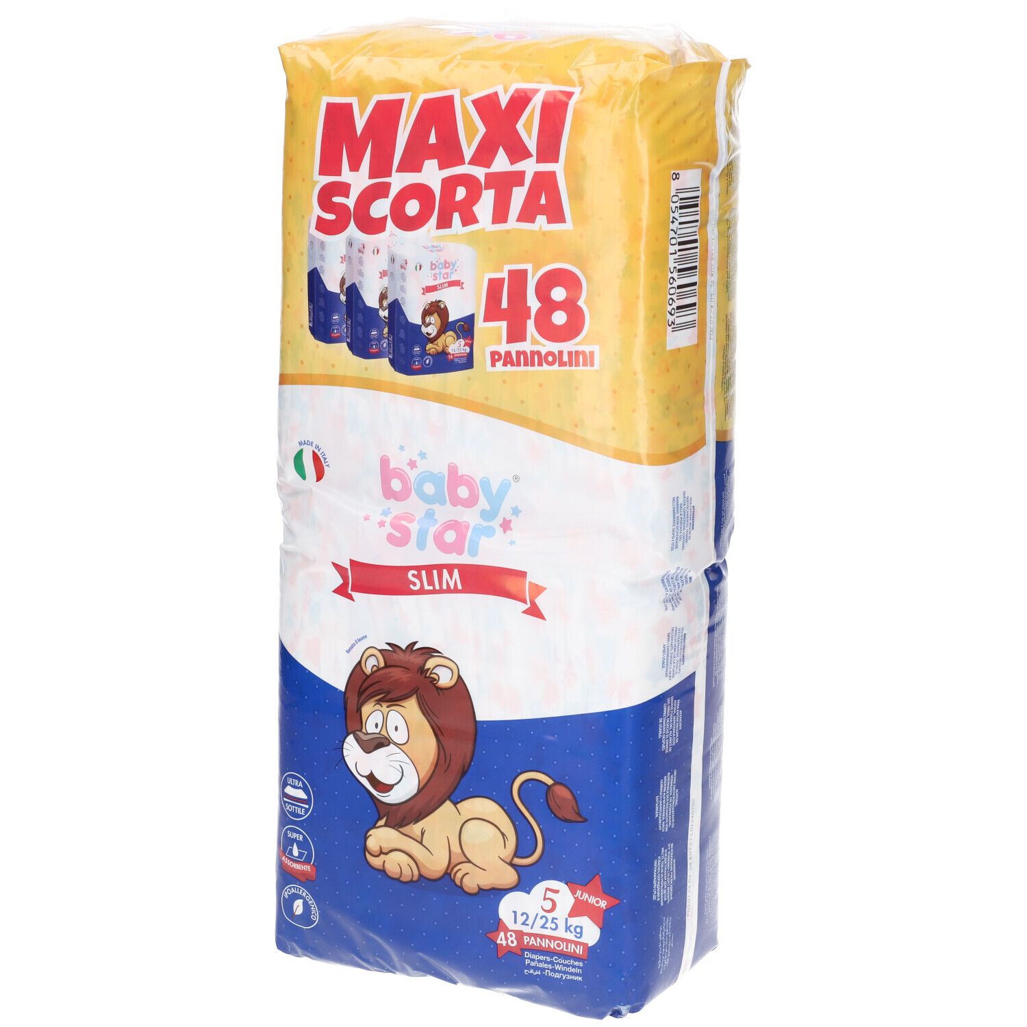 Confezione di pannolini, gialla e bianca. Scritte: MAXI SCORTA, 48 PANNOLINI, baby star SLIM. Leone.