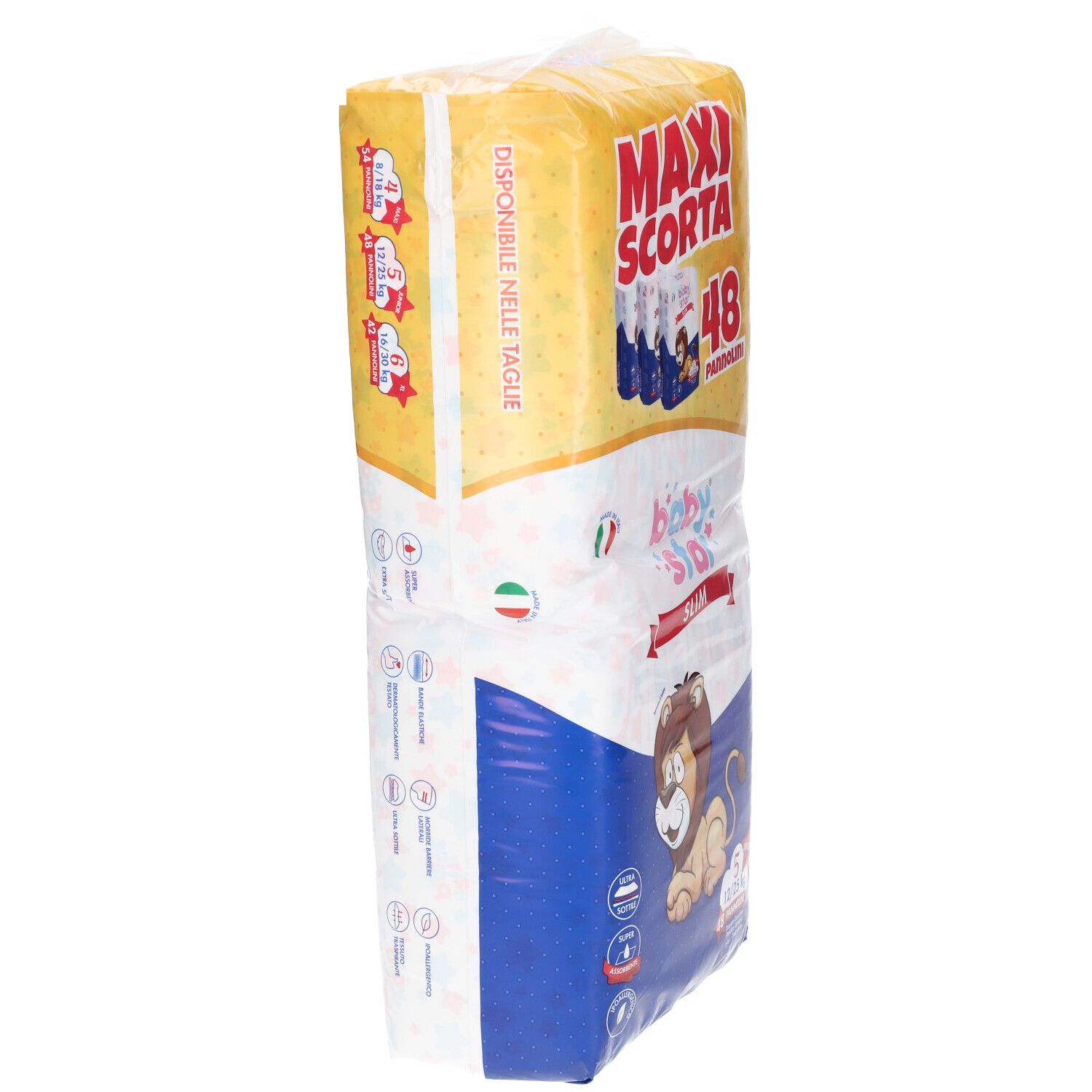 Confezione di pannolini, gialla e bianca. Scritte: MAXI SCORTA, 48 PANNOLINI, baby star SLIM. Leone.