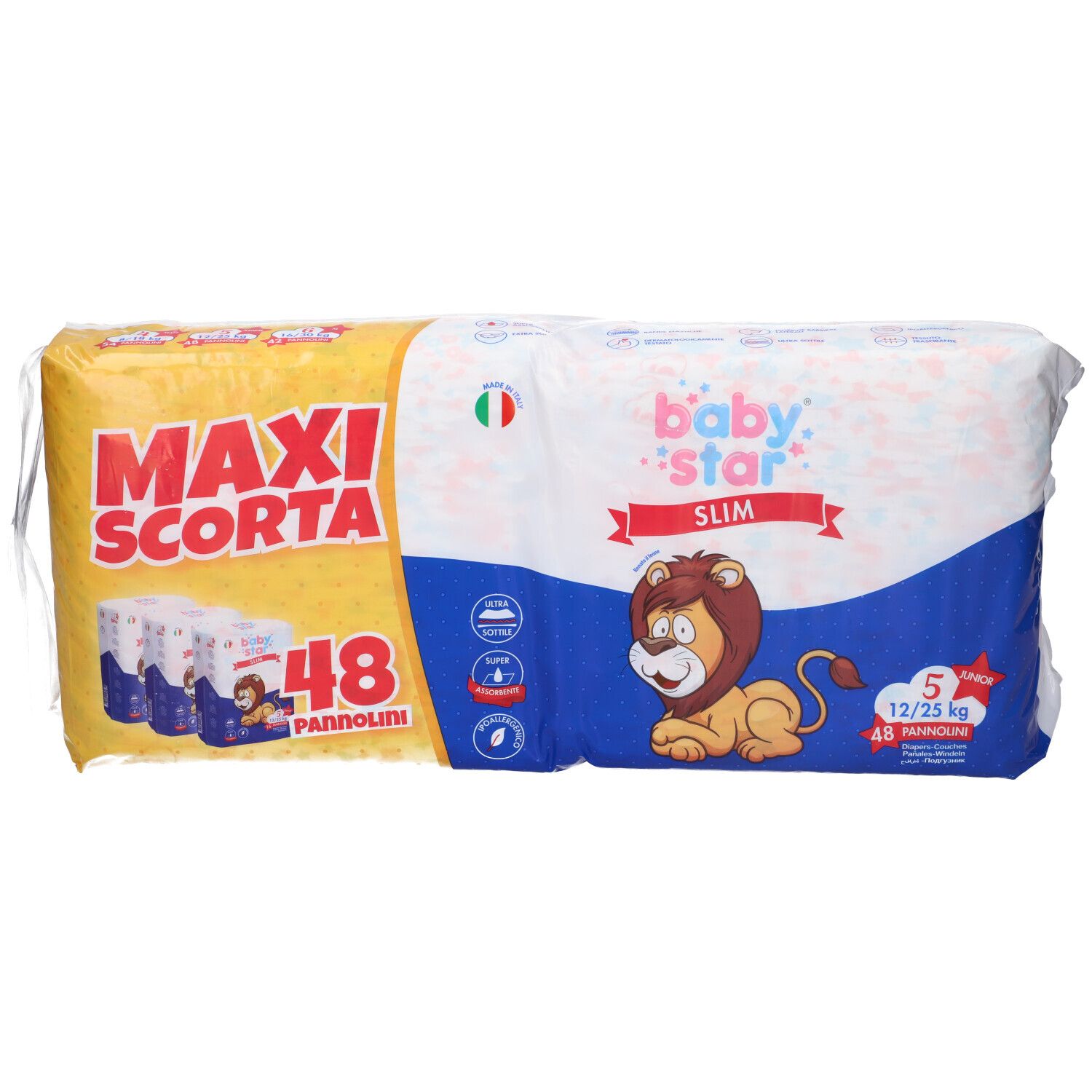Confezione di pannolini. Scritte: MAXI SCORTA, 48 PANNOLINI, baby star SLIM. Illustrazione di un leone.