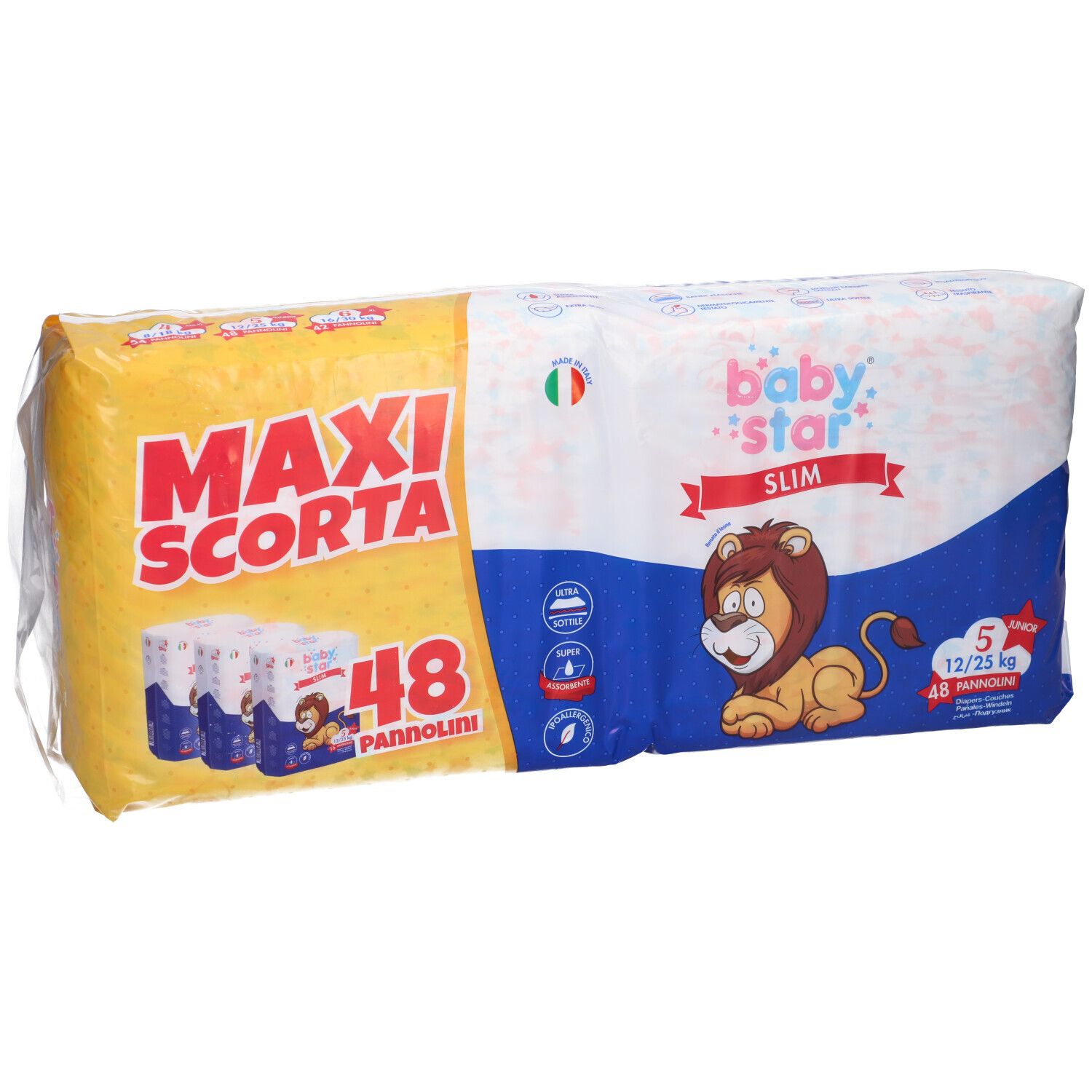 Confezione di pannolini. Scritte: MAXI SCORTA, 48 PANNOLINI, baby star SLIM. Illustrazione di un leone.